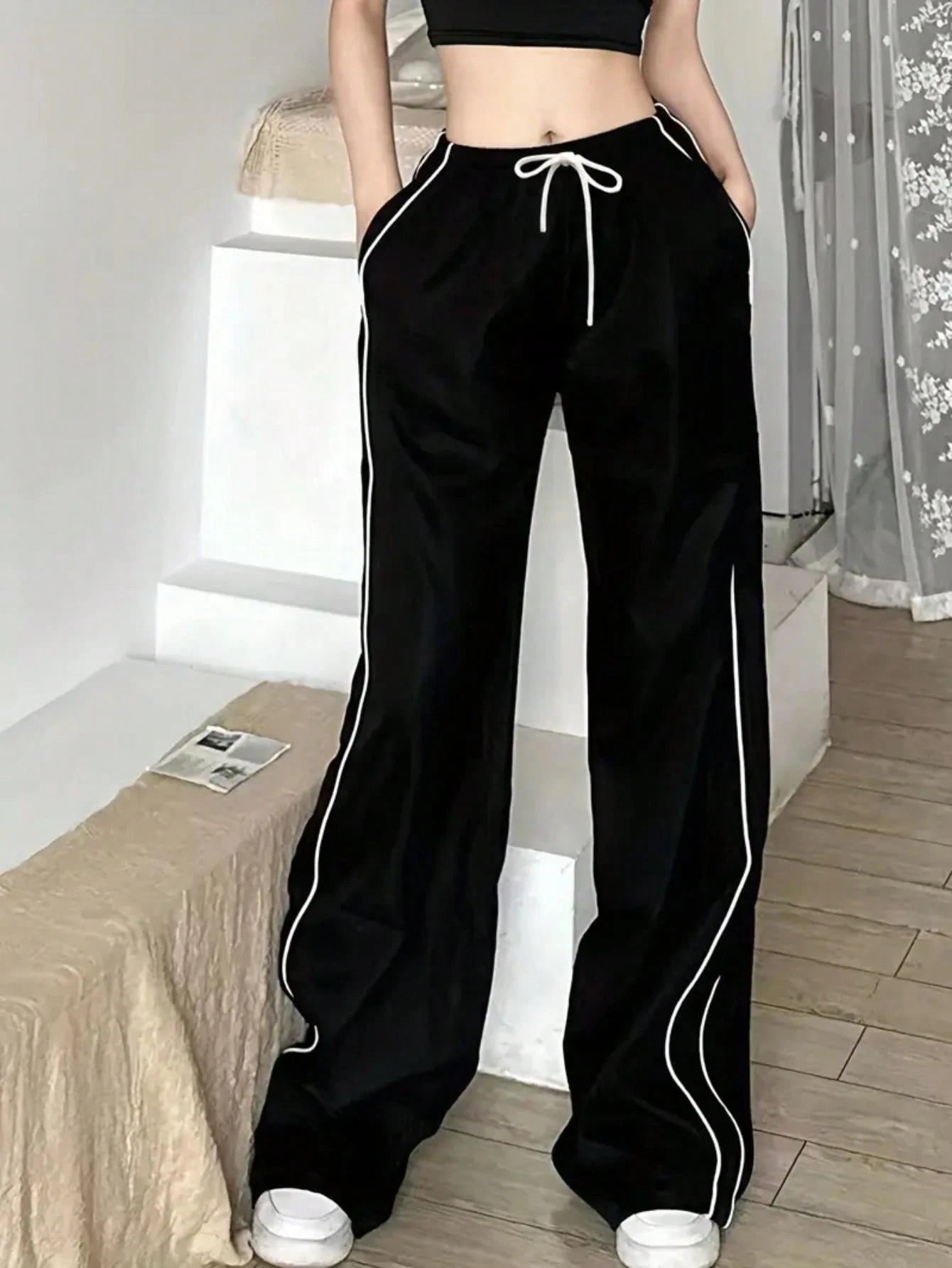 Casual Draping Striped Wide Leg Pants