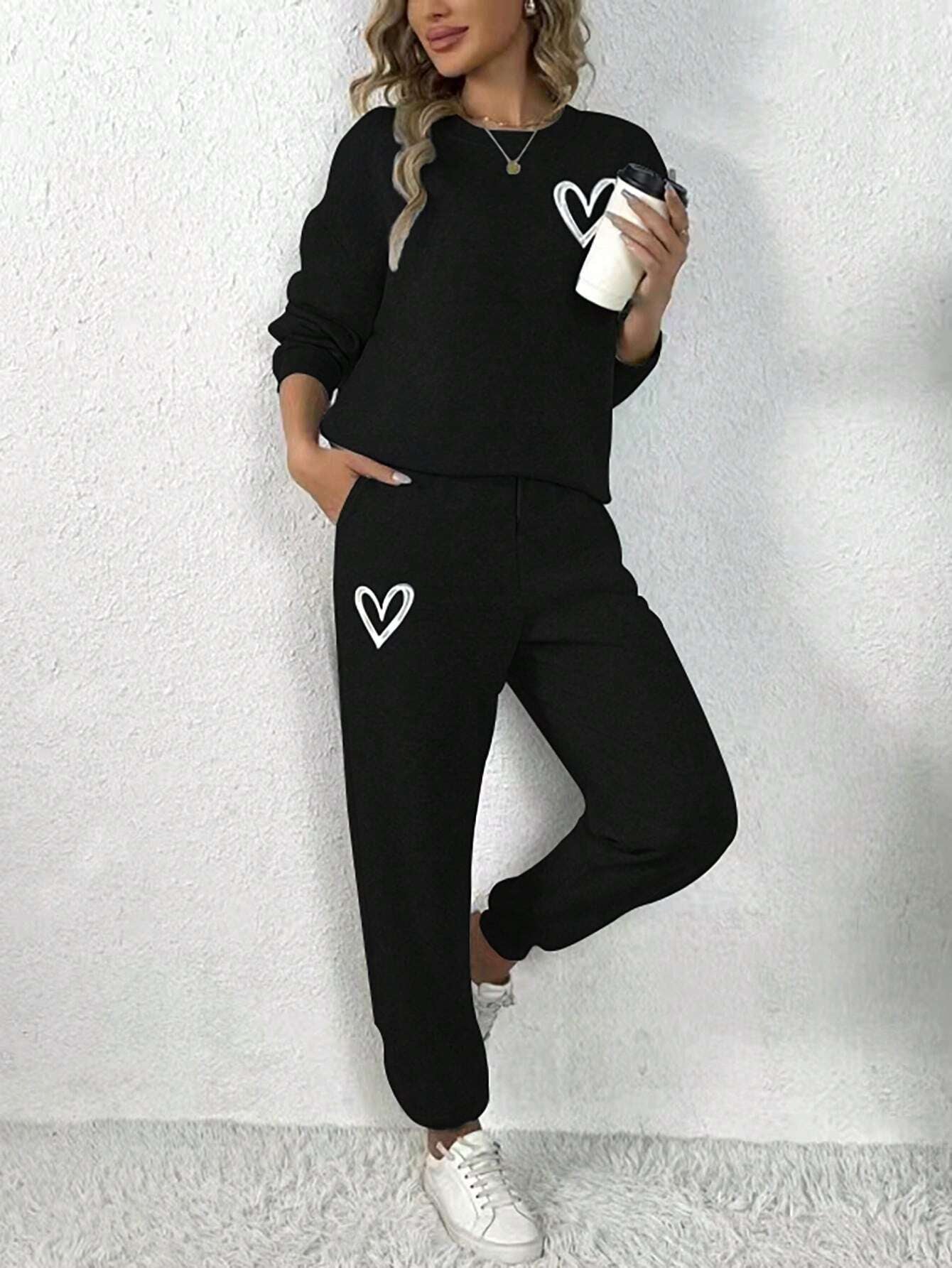 Casual Set - Round Neck Long Sleeve Top & Pocket Pants