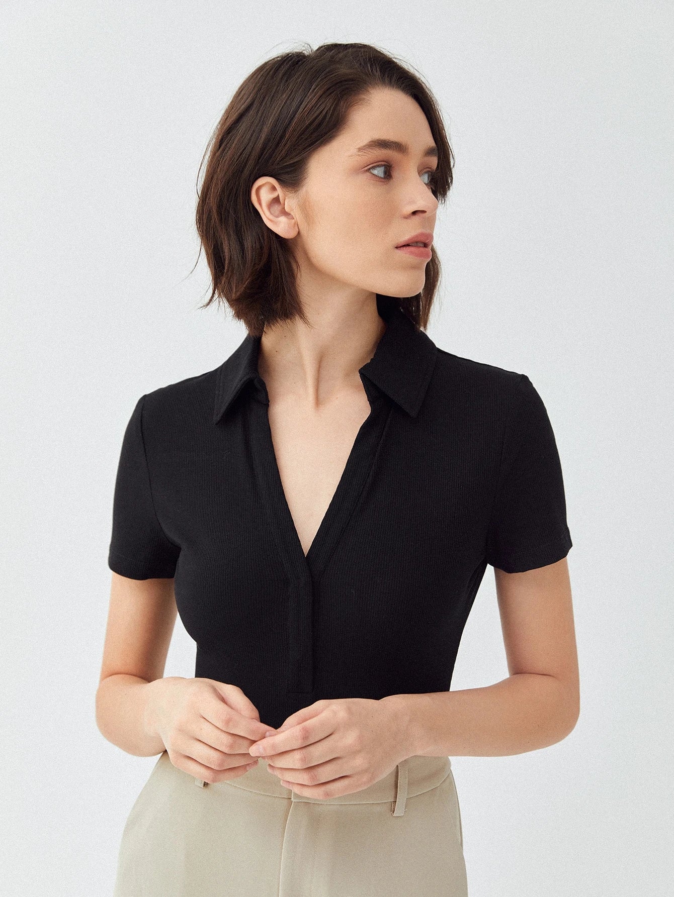 Solid Rib-Knit V-Collar Slim Fit Bodysuit