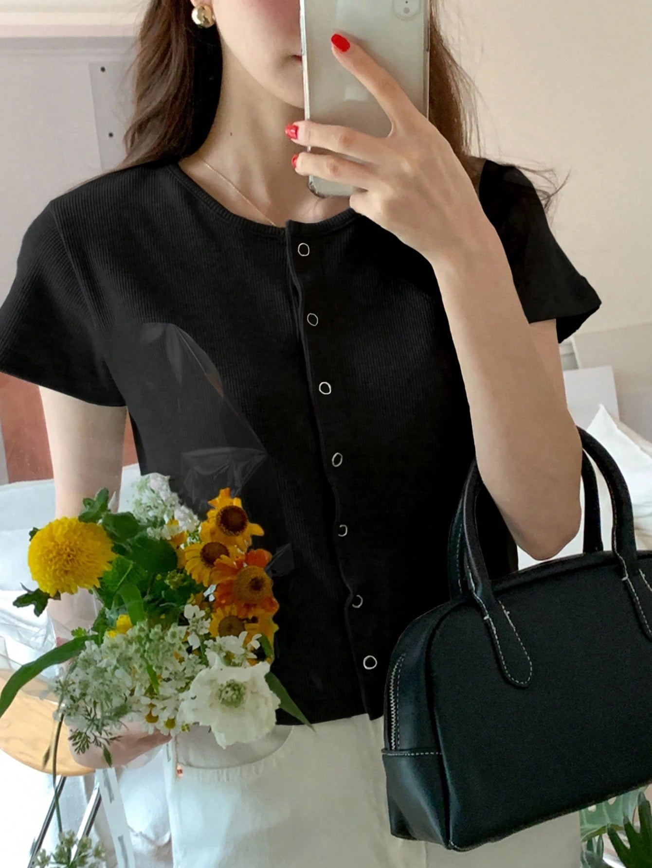 Solid Round Neck Form-Fitting Short Sleeve Cardigan T-Shirt