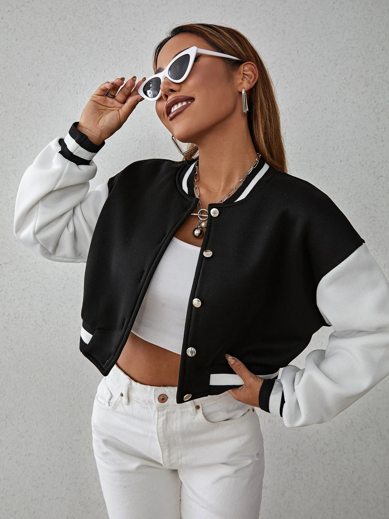 Drop Shoulder Two Tone Crop Varsity Jacket Fall Winter Cloth For Women