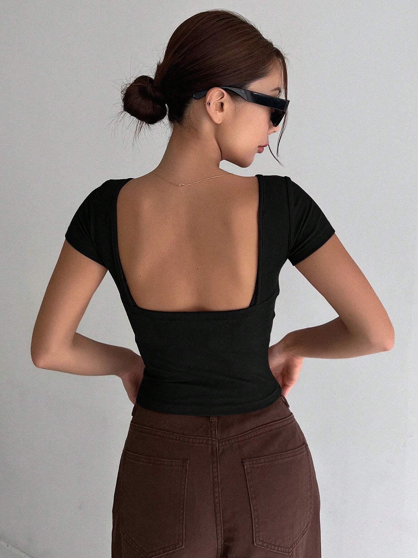 Solid Backless Crop Ribbed Knit Tee,Halter Top
