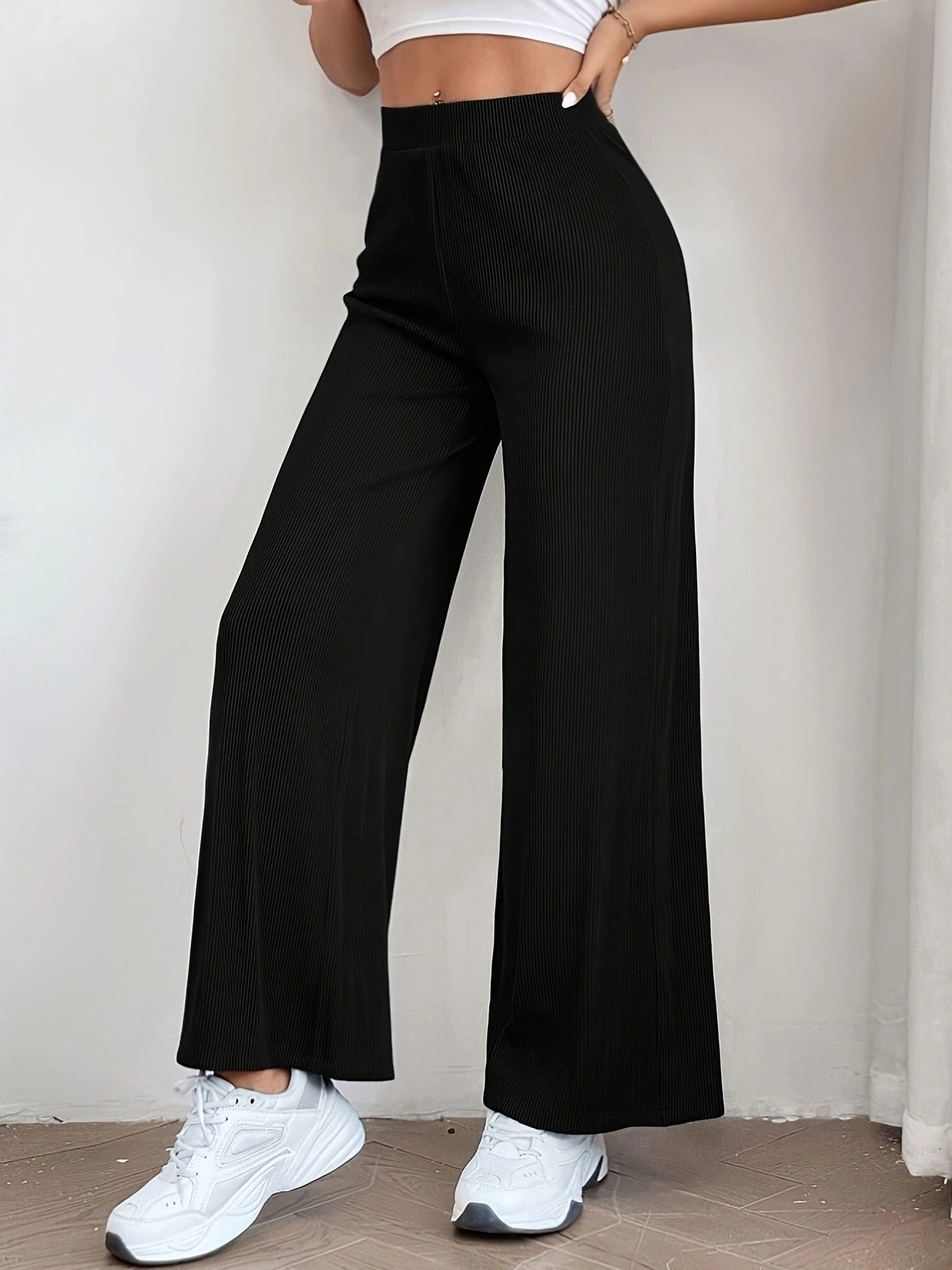 Solid Ribbed Knit Wide Leg Pants