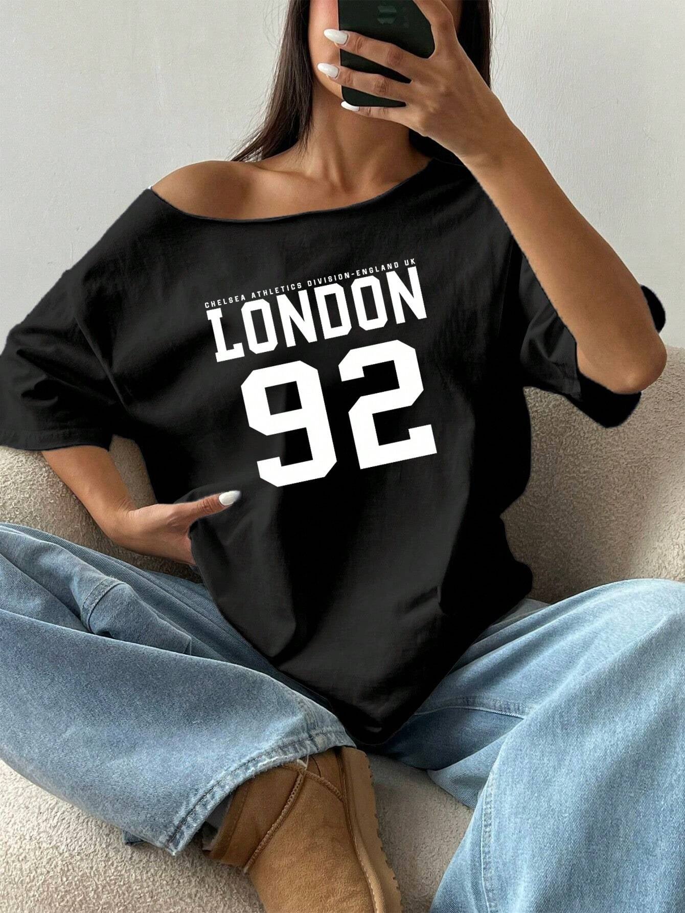 Letter Print Off-Shoulder Short Sleeve Casual Loose T-Shirt Graphic Tees