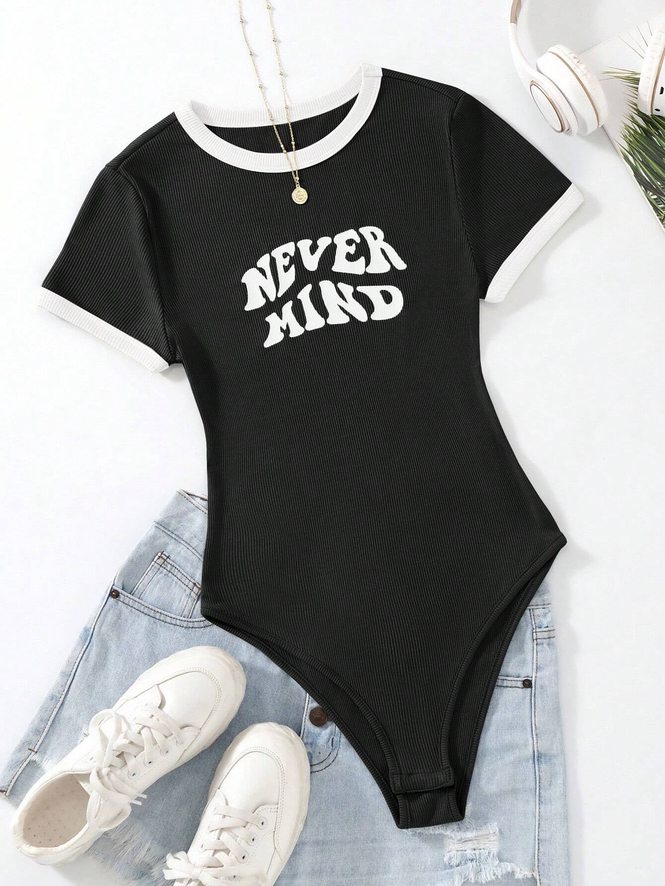 Slogan Graphic Contrast Binding Bodysuit