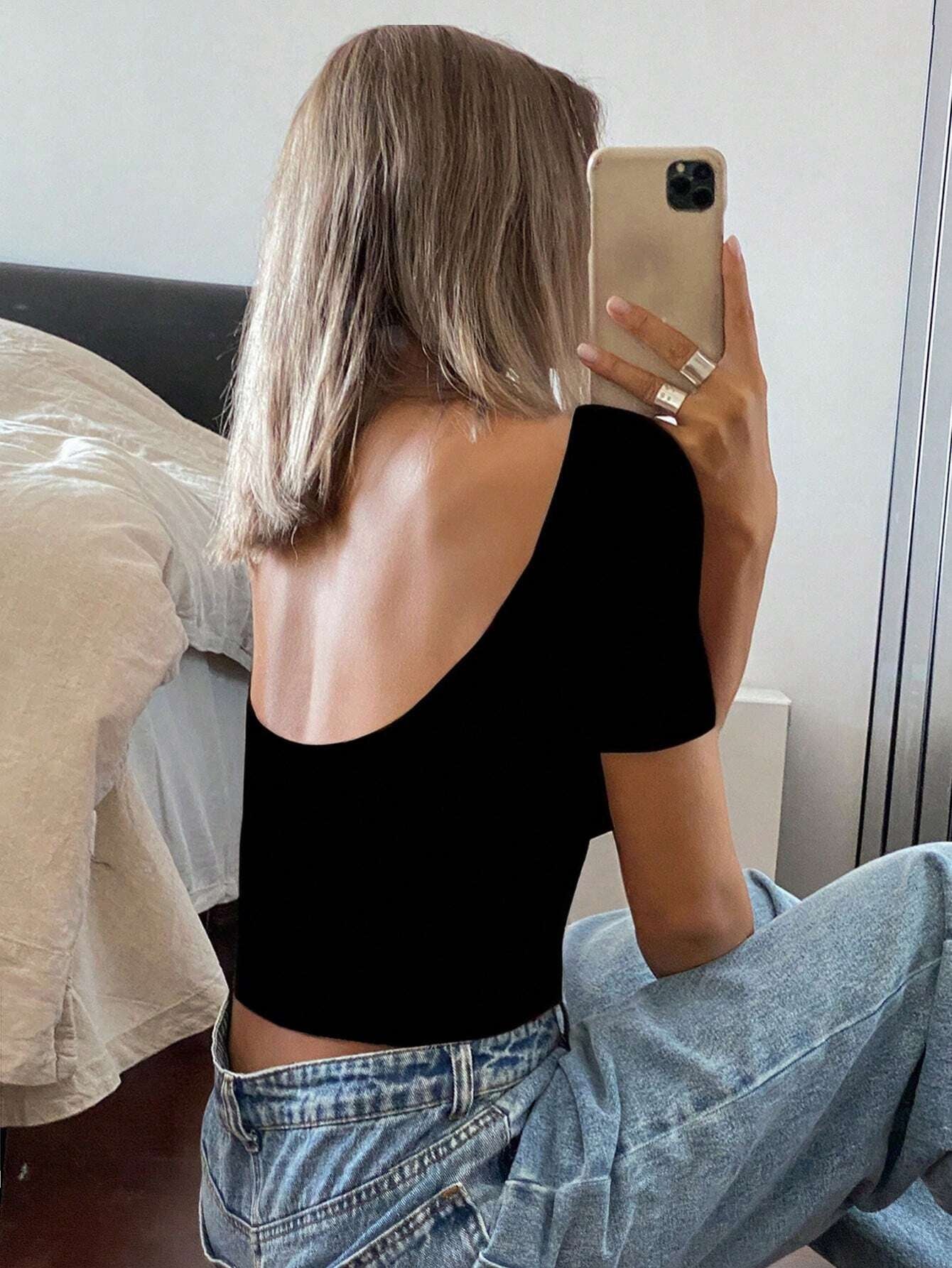 Casual Solid Color Short Sleeve Slim Fit T-Shirt,Halter Top