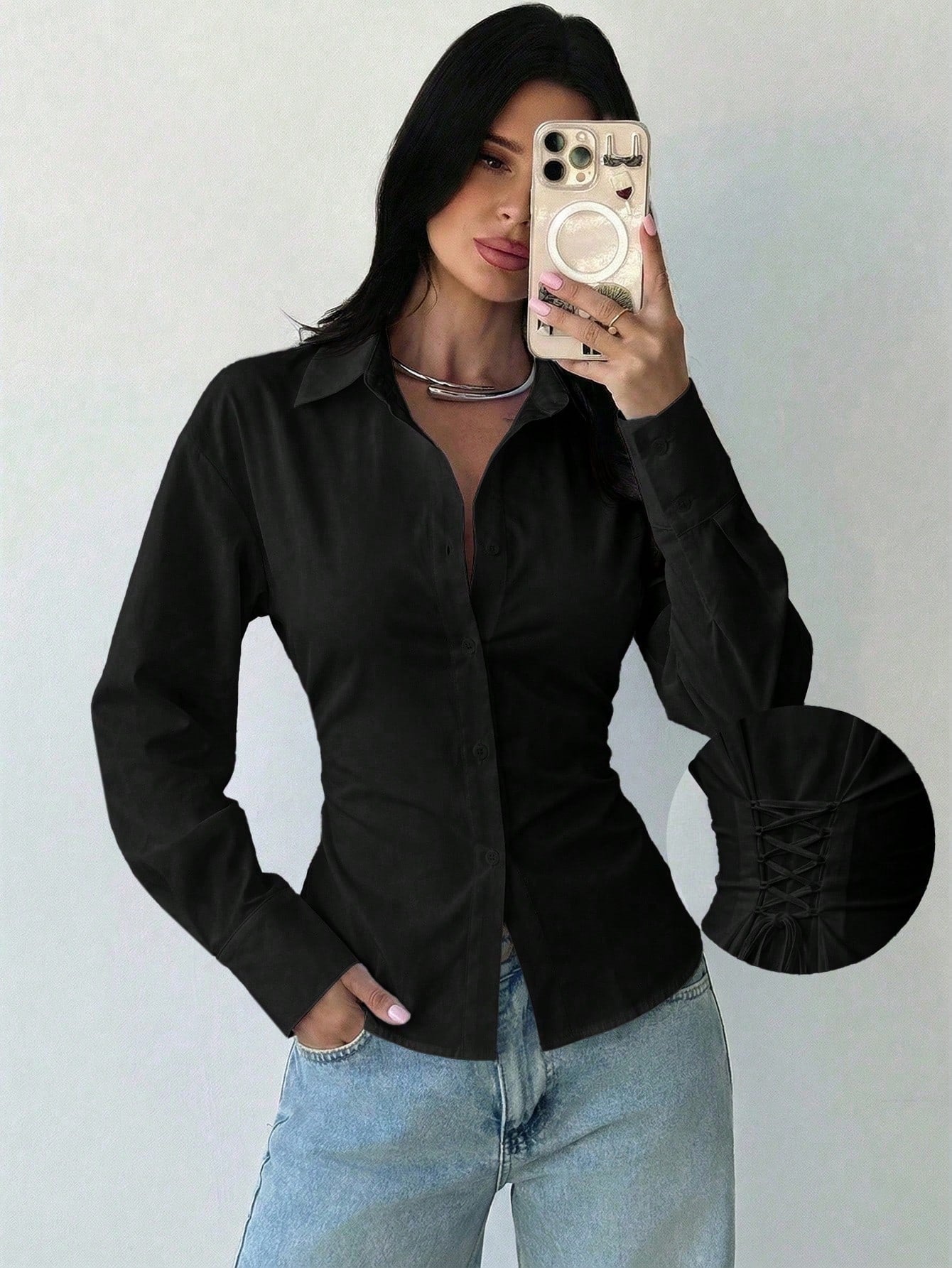 Women's Long Bell Sleeve Button Down Shirt Lace Up Back Princess Line Lapel Top