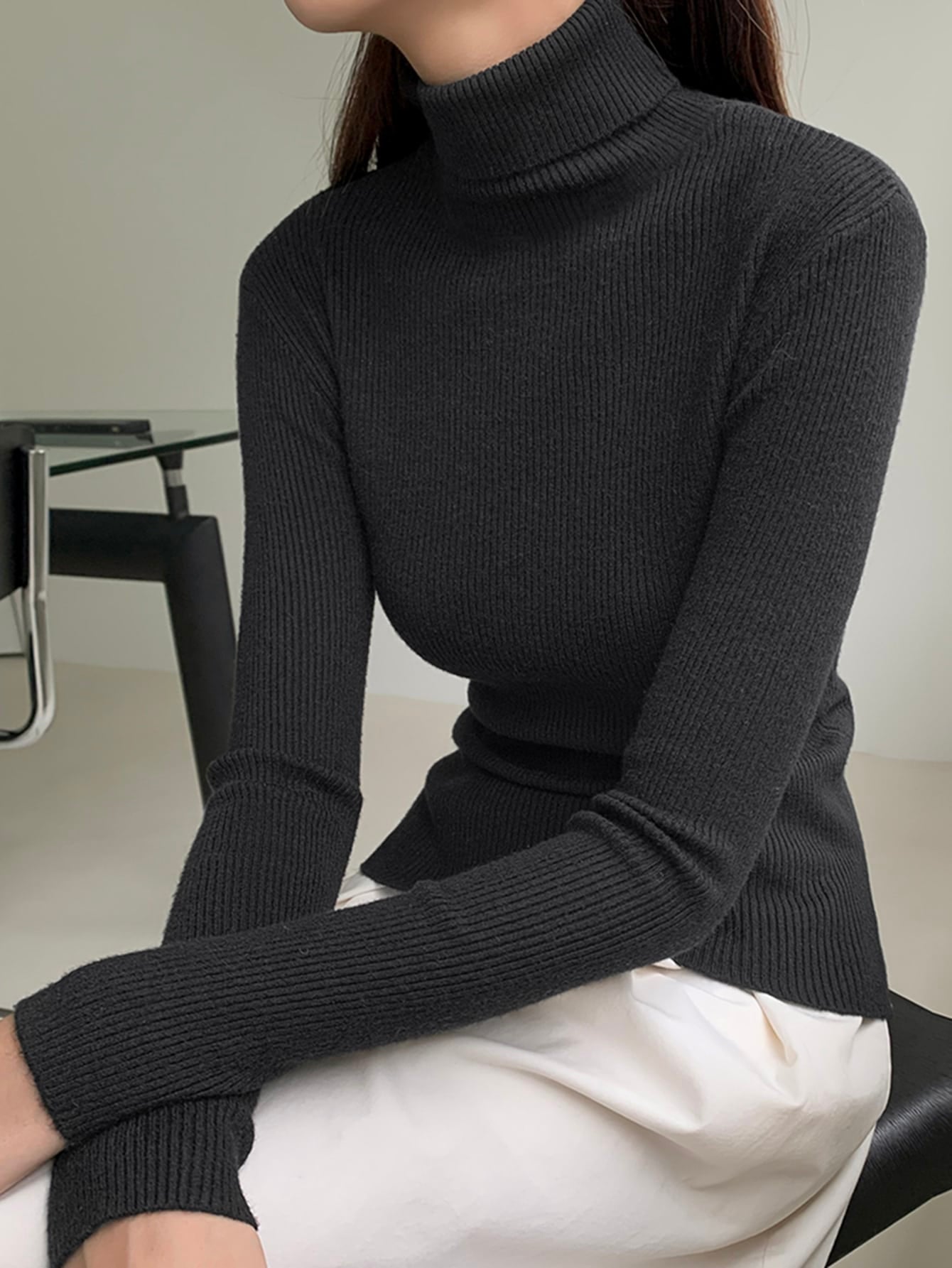 Basic Solid High Neck Long Sleeve Knit Sweater