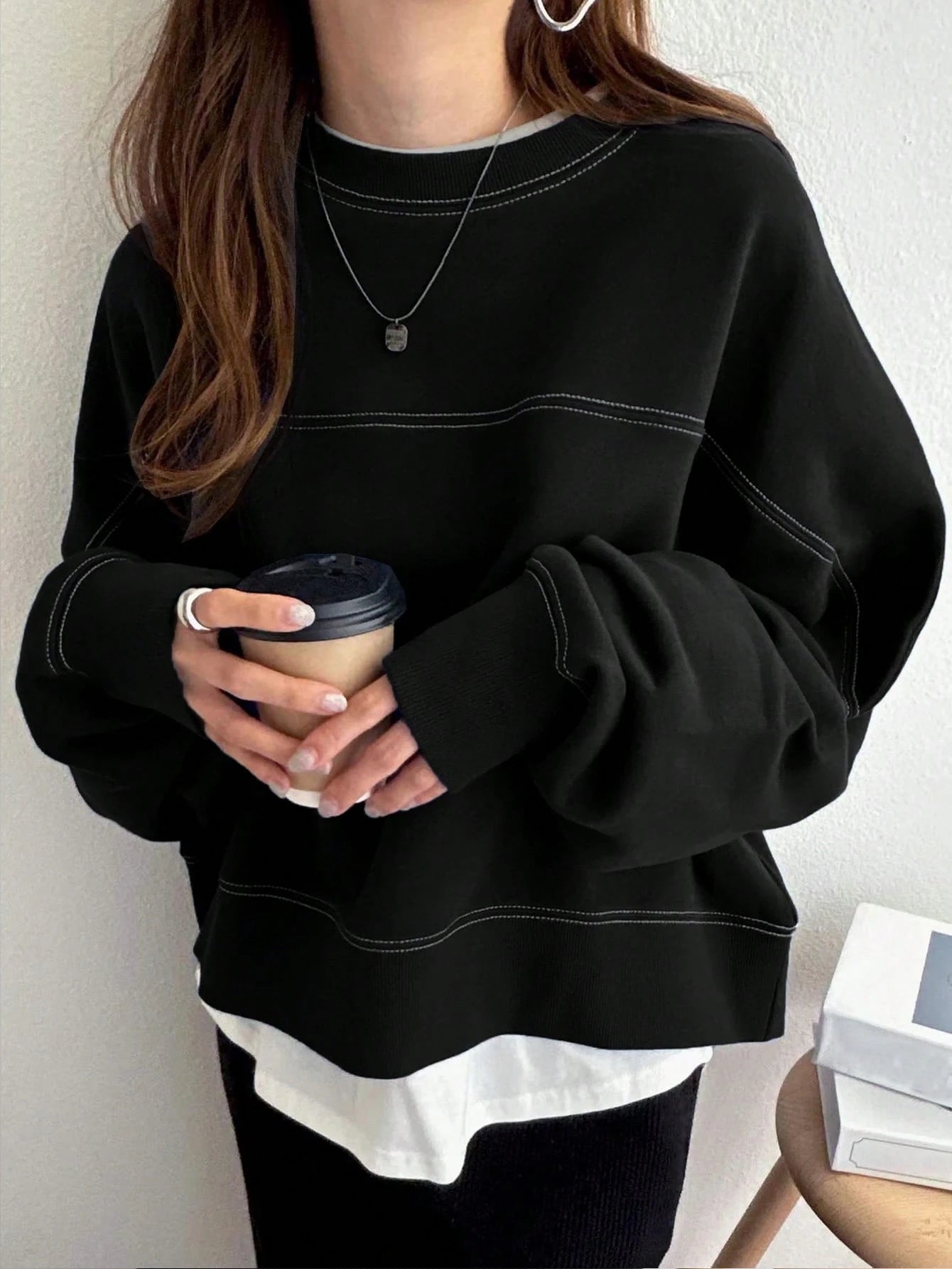 Round Neck Contrast Color Loose Oversized Pullover Sweatshirt, Autumn & Winter