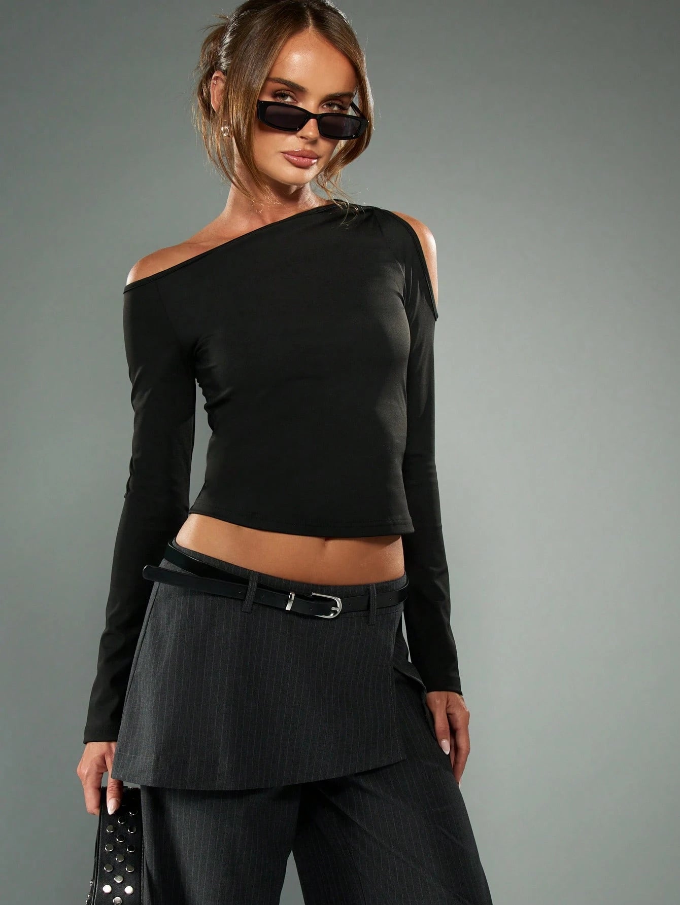 Off Shoulder Long Sleeve Crop Top Cold Shoulder Cutout Design Black Fitted Shirt