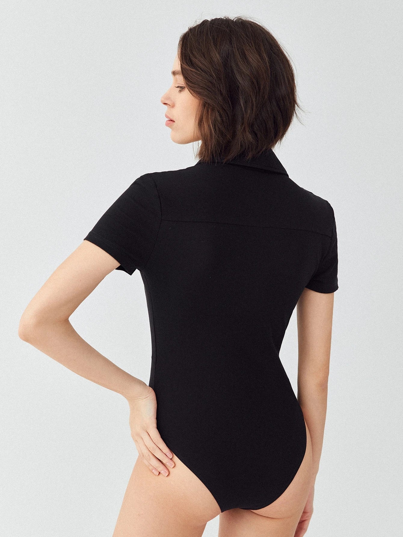 Solid Rib-Knit V-Collar Slim Fit Bodysuit
