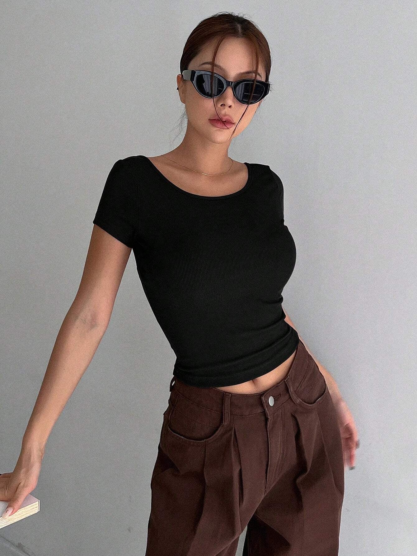 Solid Backless Crop Ribbed Knit Tee,Halter Top