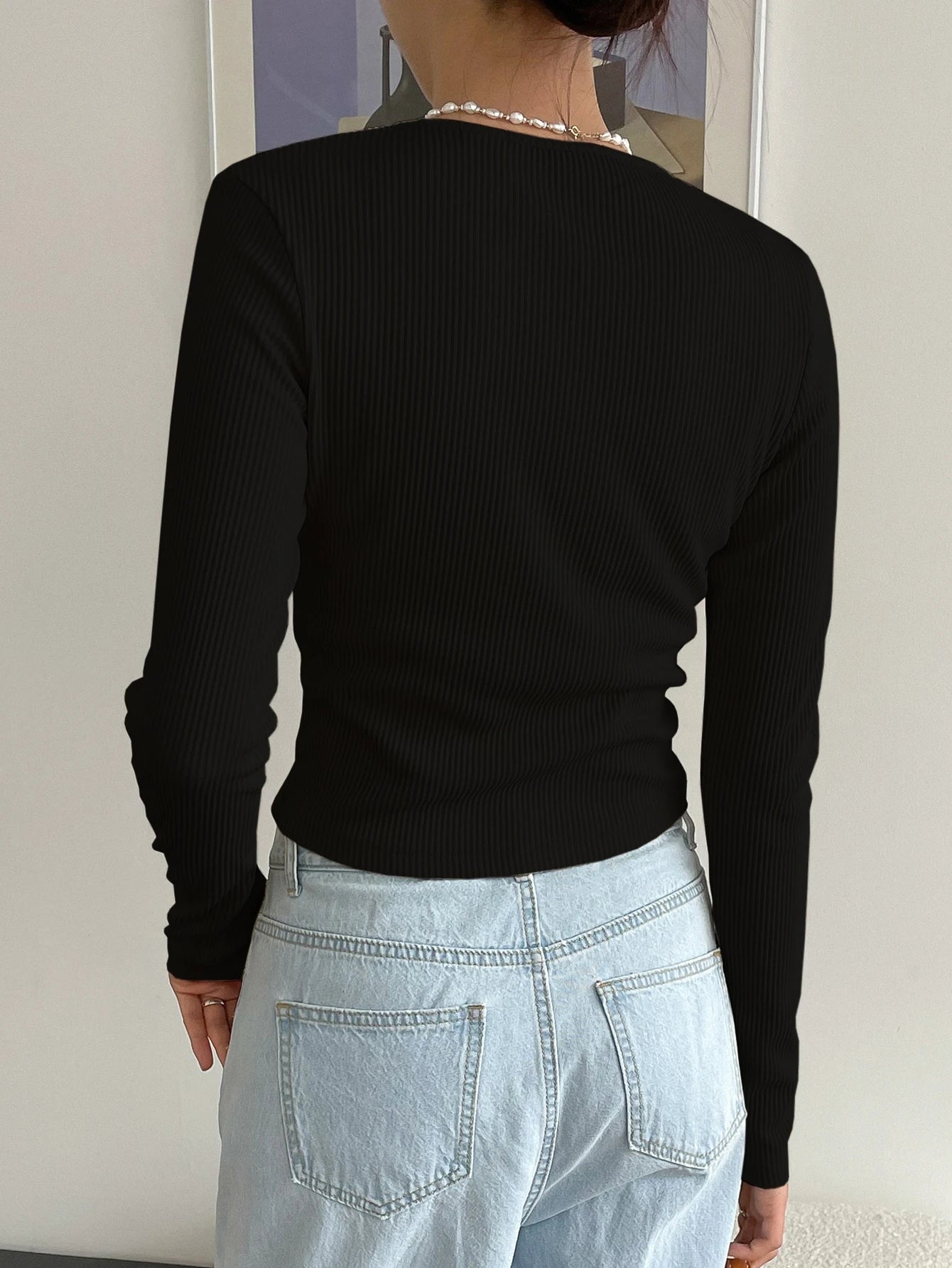 Flash Sale | Ribbed Long Sleeve Henley Top - Button Neck Slim Fit Casual Tee