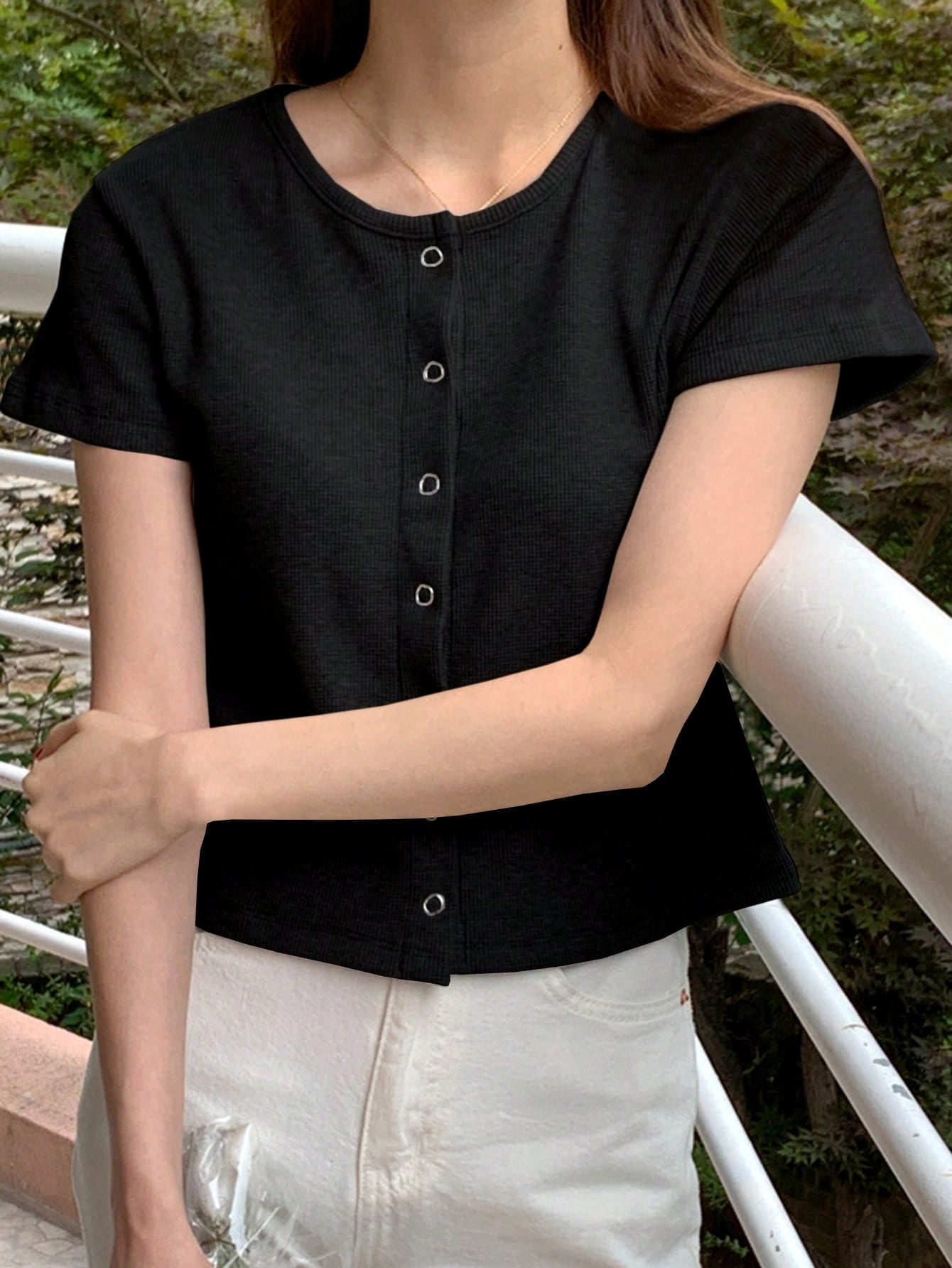 Solid Round Neck Form-Fitting Short Sleeve Cardigan T-Shirt