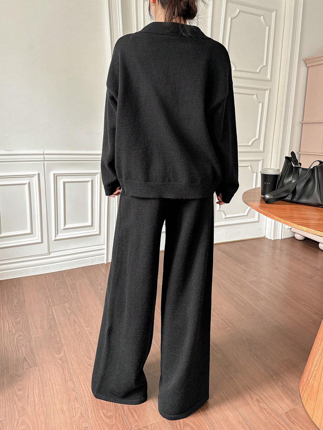 Casual Solid Color Turndown Collar Loose Sweater And Wide Leg Pants 2 Pieces Set