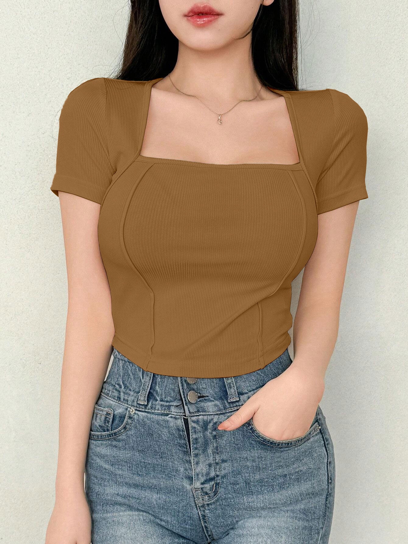 Women's Solid Color Swan Collar Short Sleeve T-Shirt