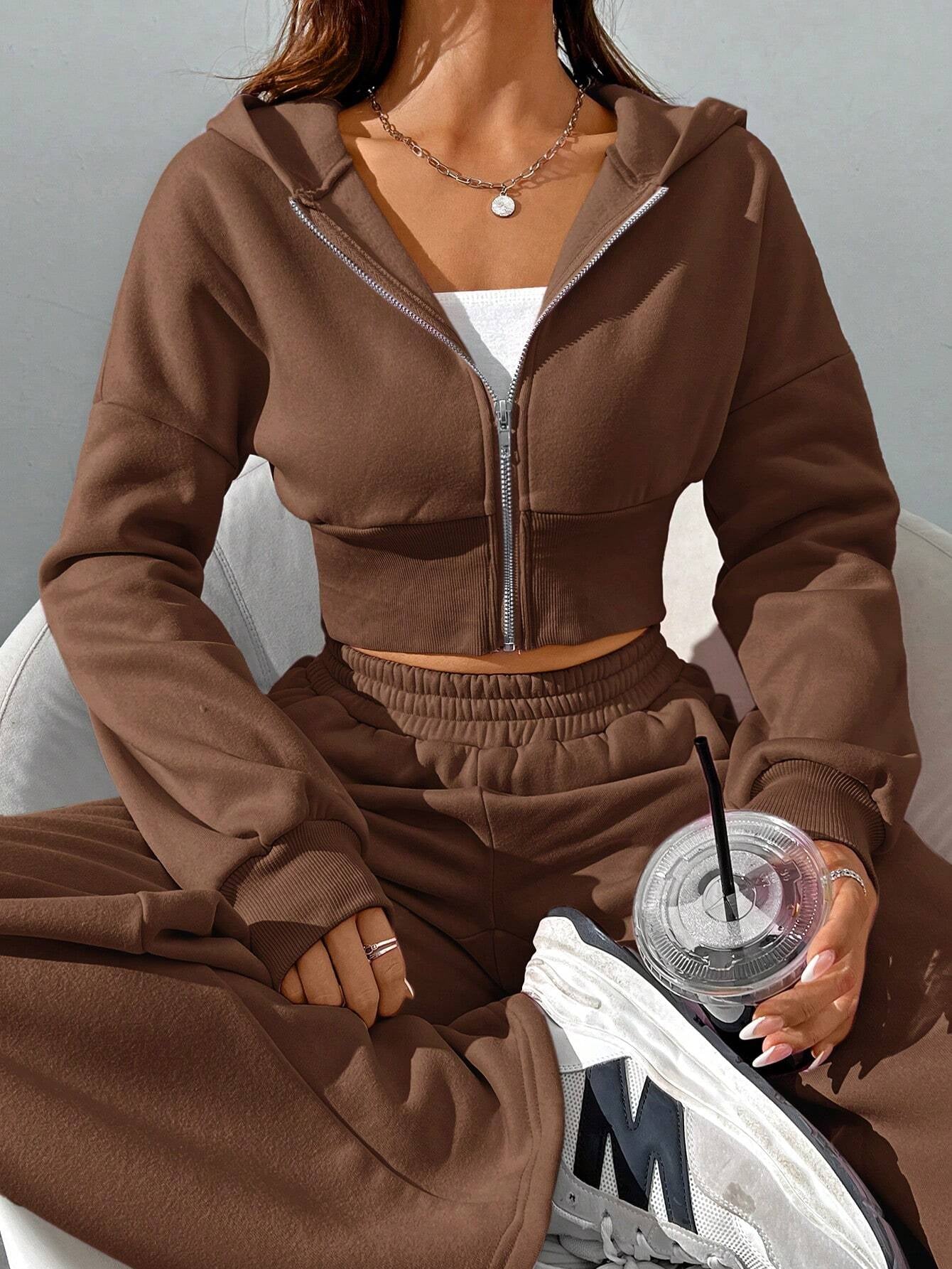 Spring Fashionable Pink Zip Front Hooded Sweatshirt And Pants Two Pieces Set