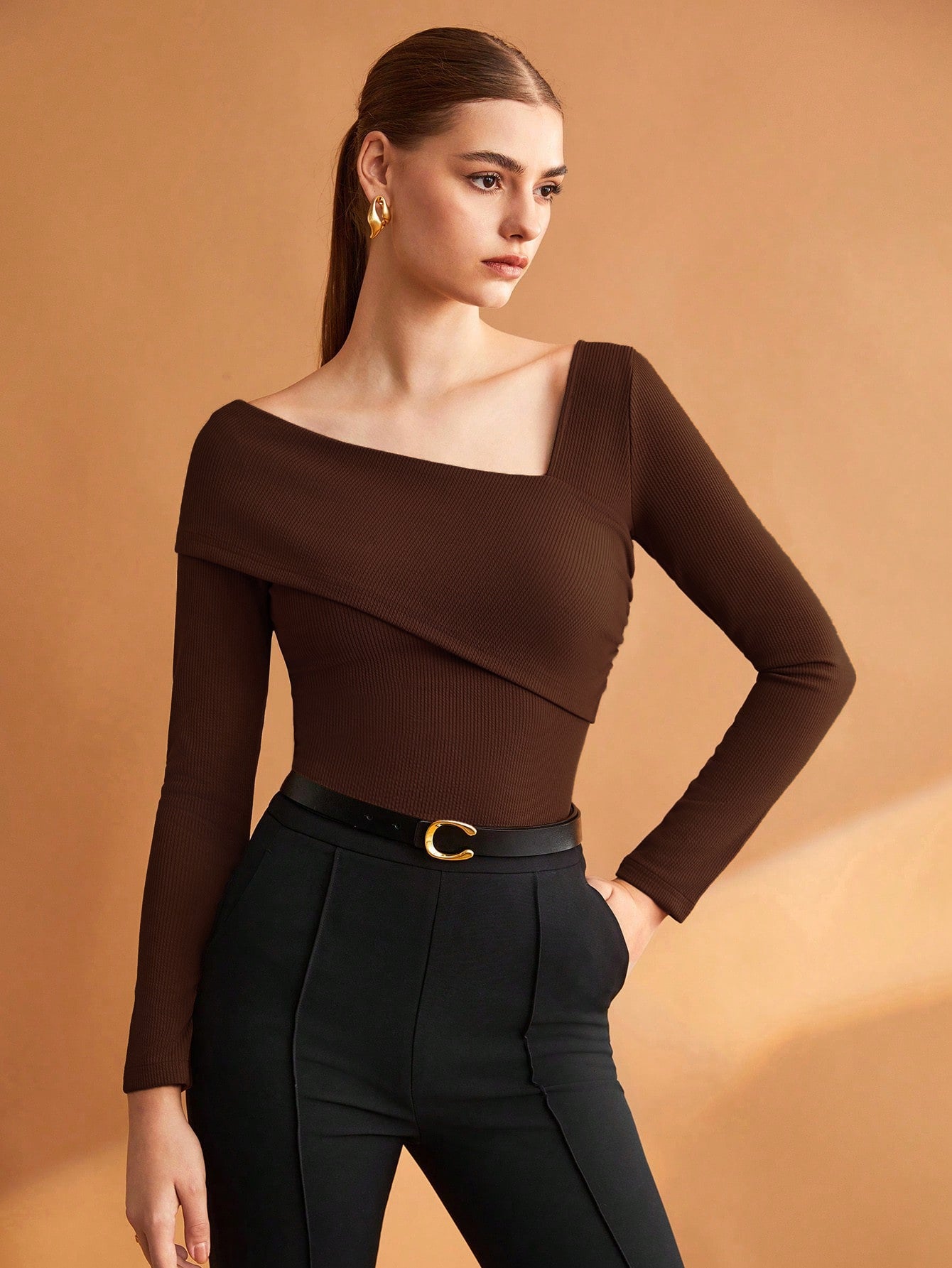 Elastic Ruched Asymmetric Neck Long Sleeve Elegant T-Shirt