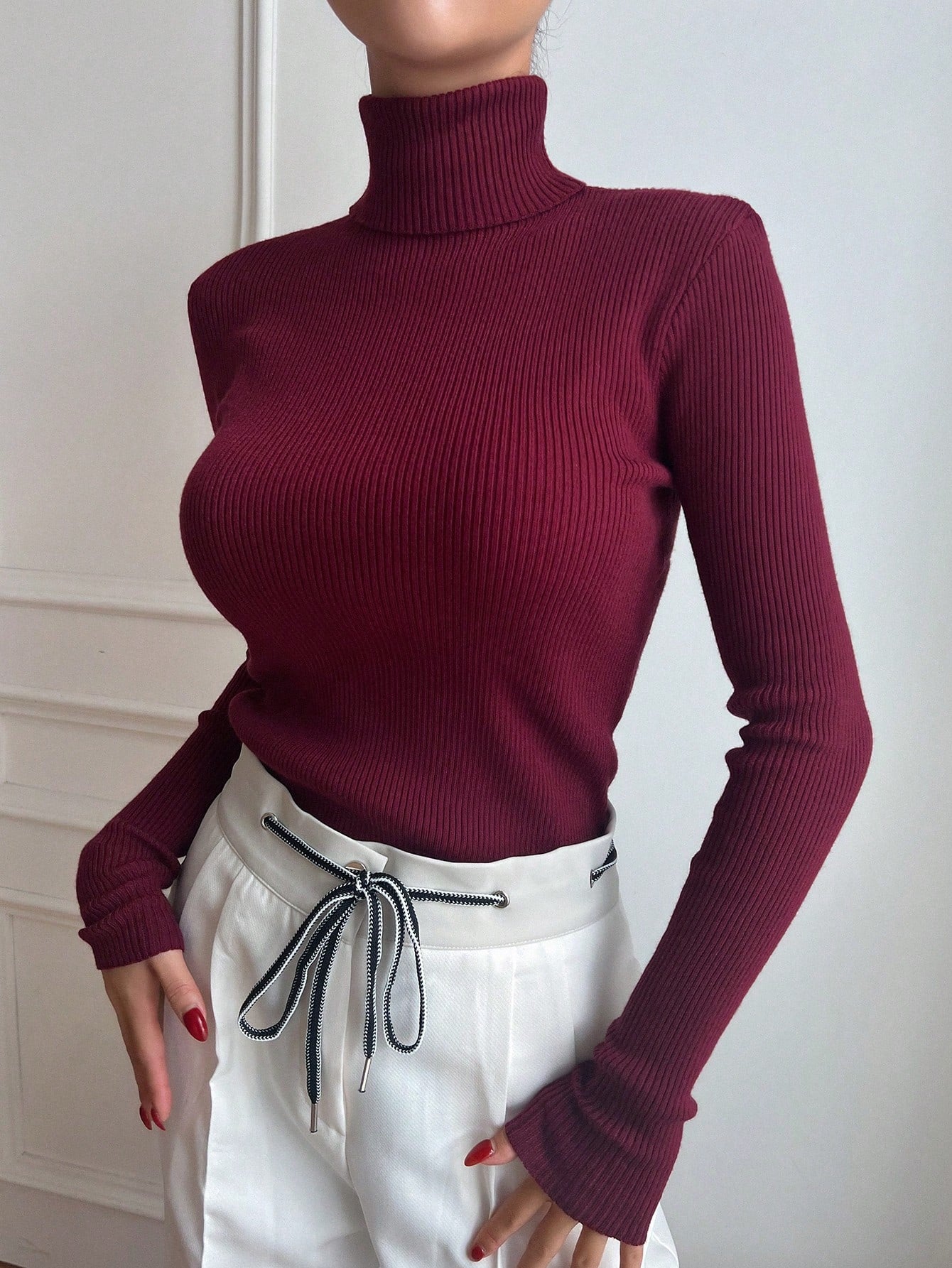 Basic Solid High Neck Long Sleeve Knit Sweater