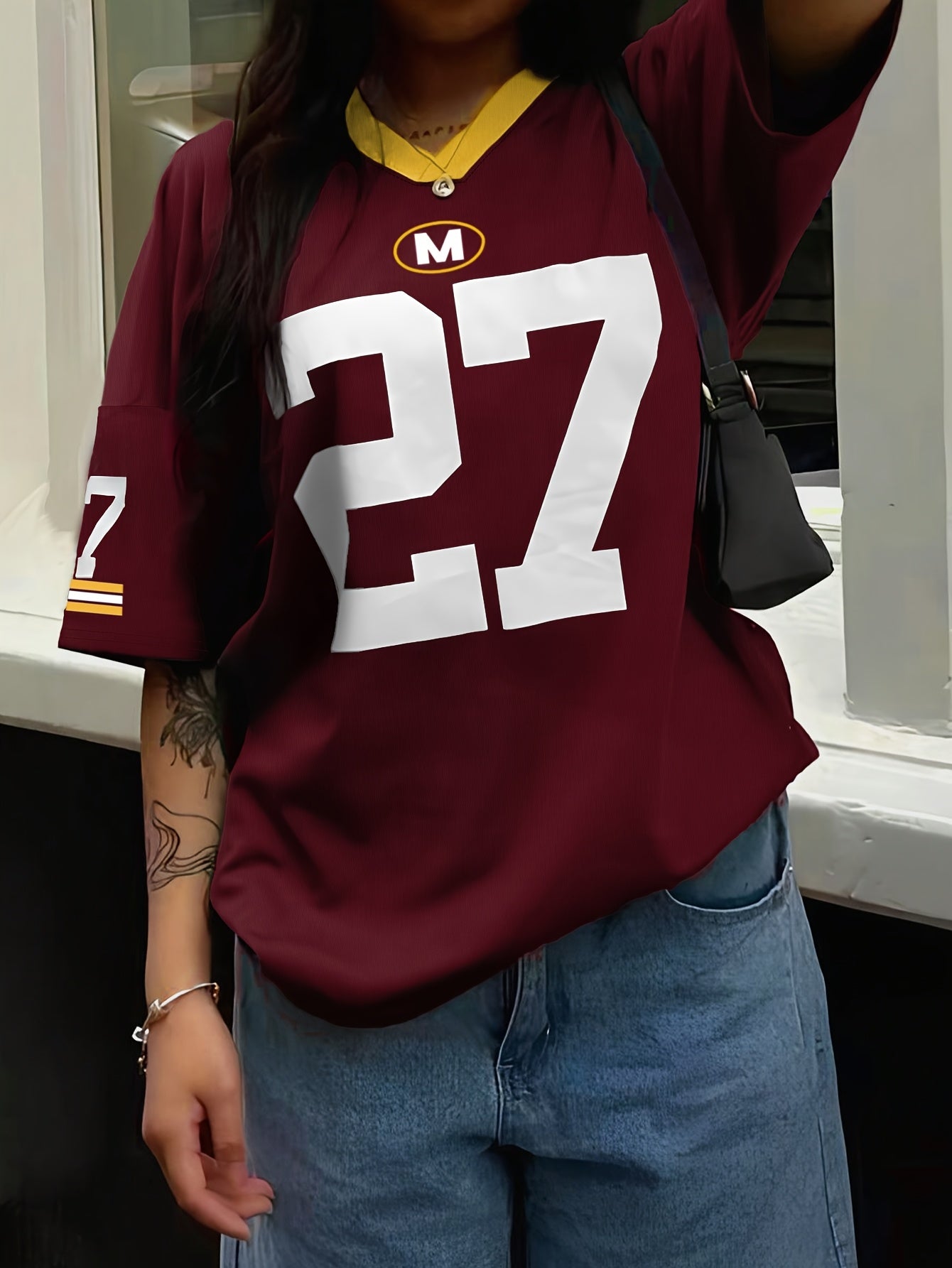 V-Neck Short Sleeve Casual Letter & Number Print Loose