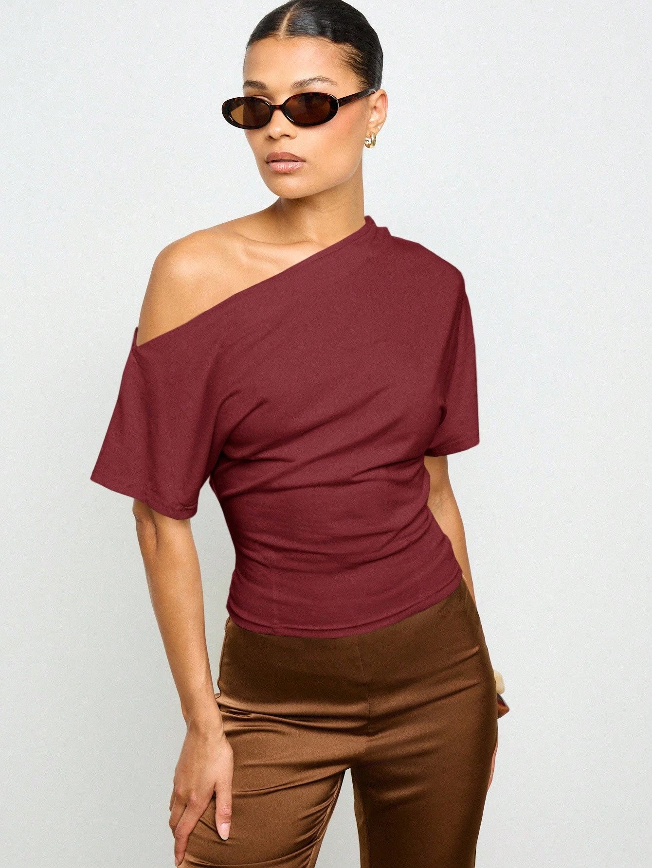 Off Shoulder Asymmetric Top Modern Fitted Waist Short Sleeve Shirt