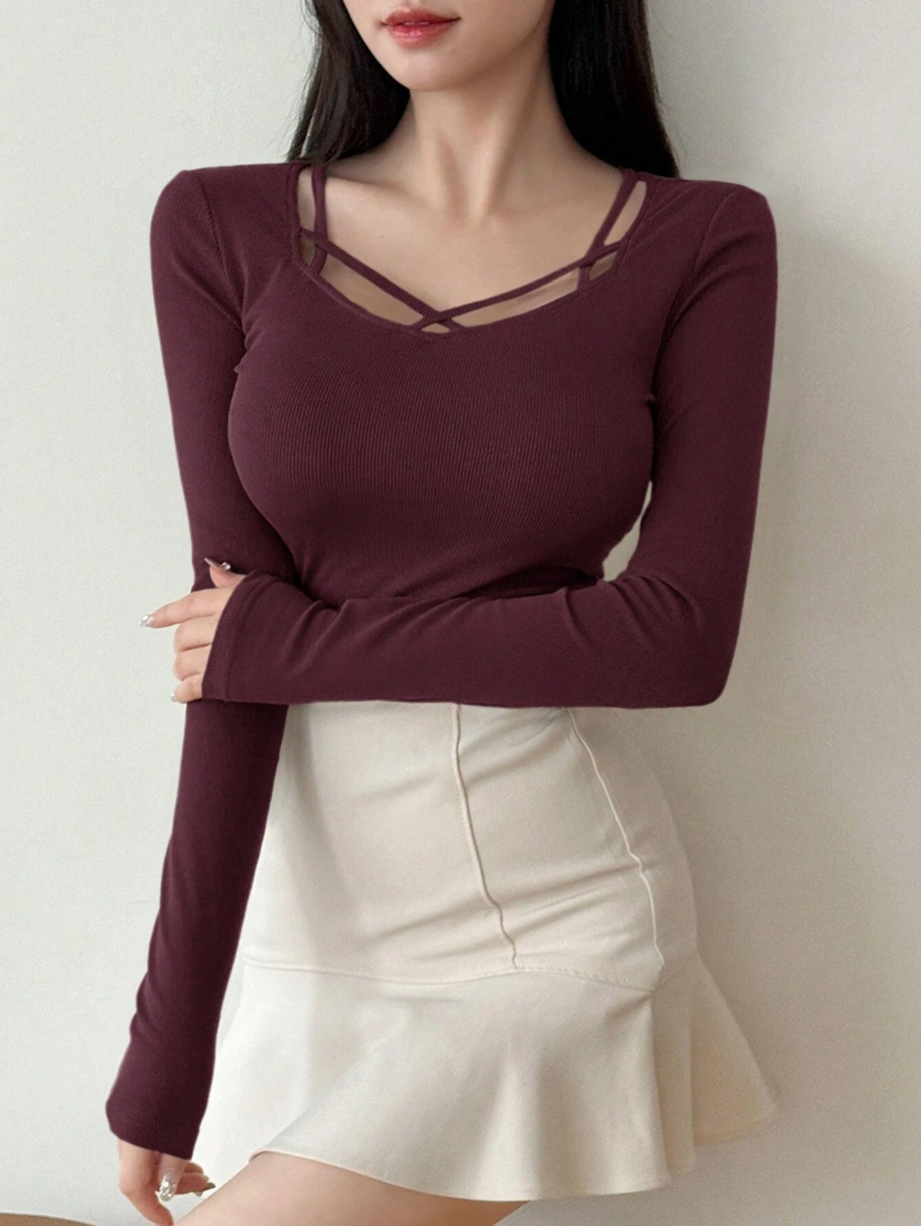 Hollow Out Design Ribbed T-Shirt