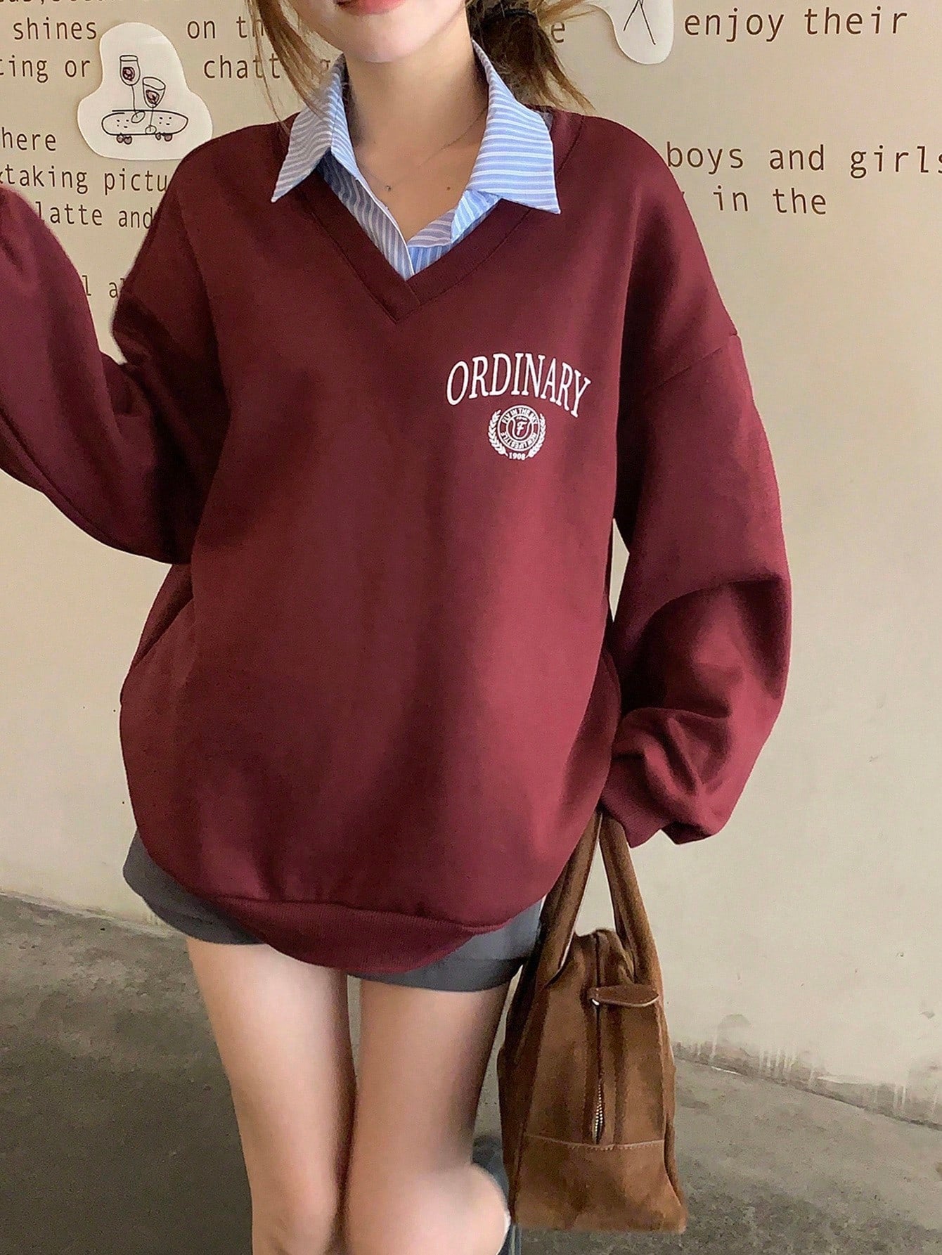 Letter & Stripe Print Patchwork Thermal Lined Sweatshirt