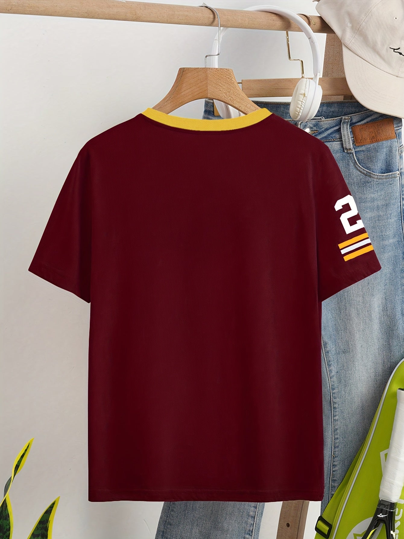 V-Neck Short Sleeve Casual Letter & Number Print Loose