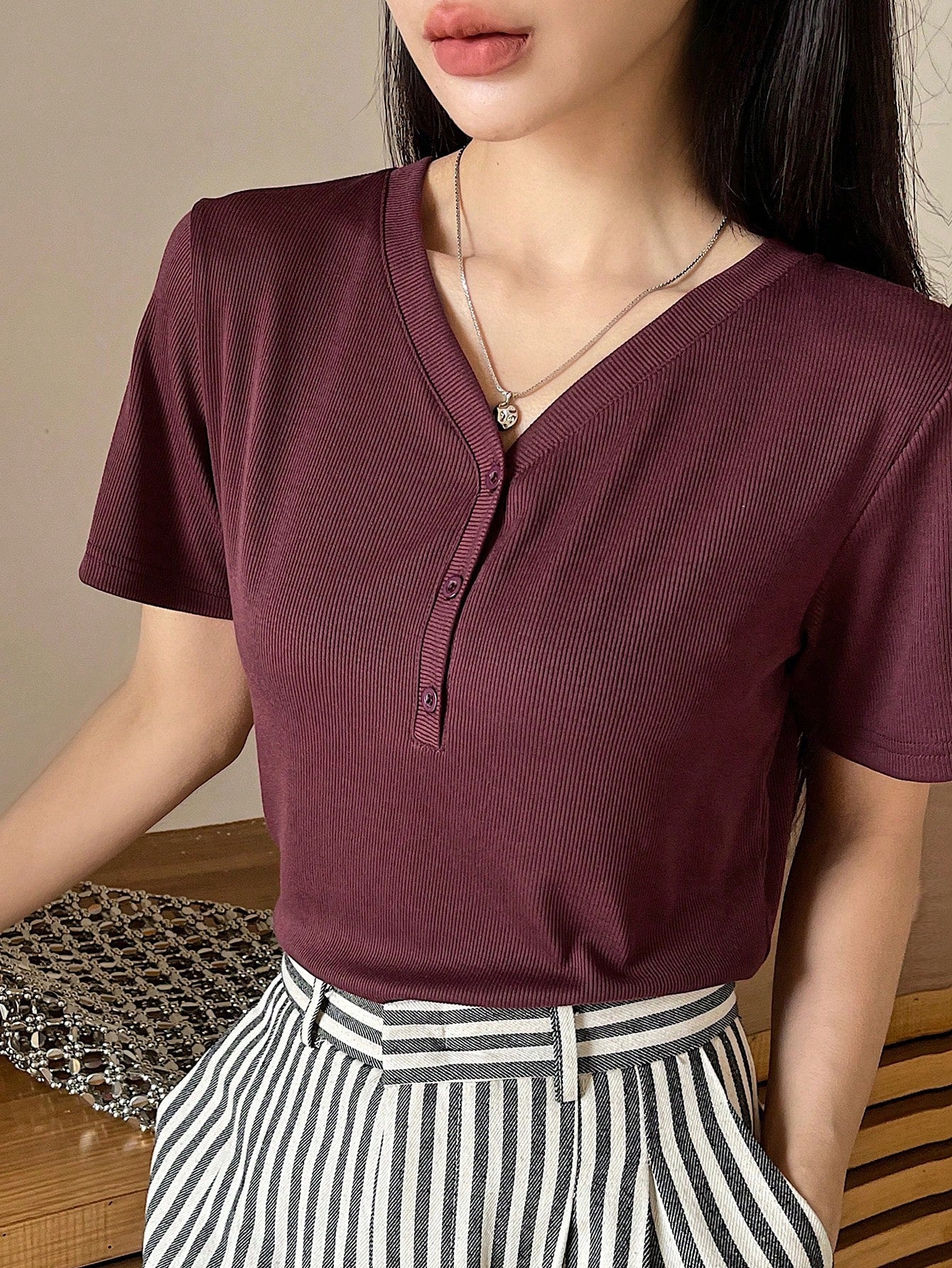 Less Solid Rib Knit Button Front Tee Old Money Style