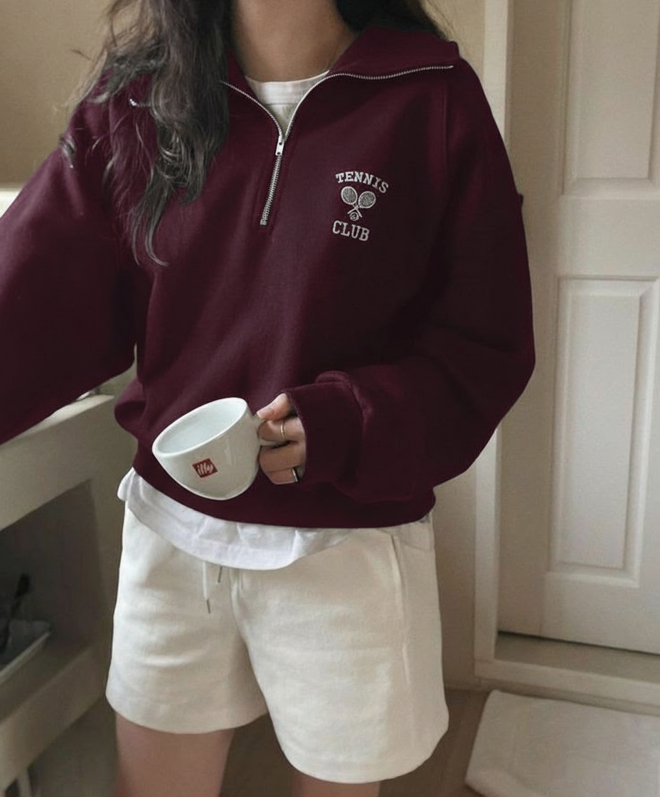 Half Zip Drop Shoulder "TENNIS CLUB" Letter Print Oversized Sweatshirt, Long Sleeve