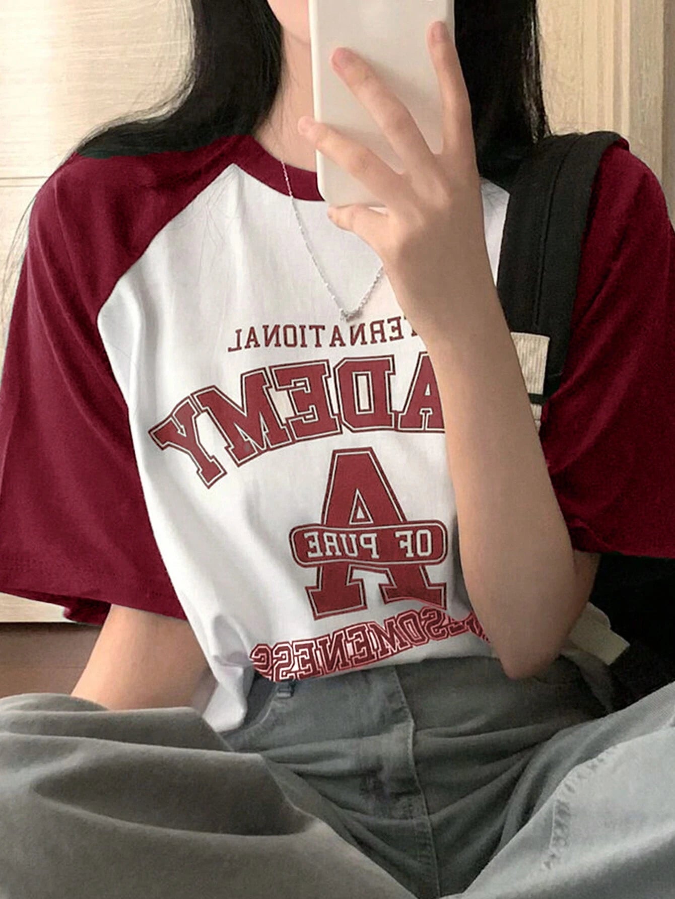 Letter Printed Round Neck Color Block Oversized Short Sleeve T-Shirt