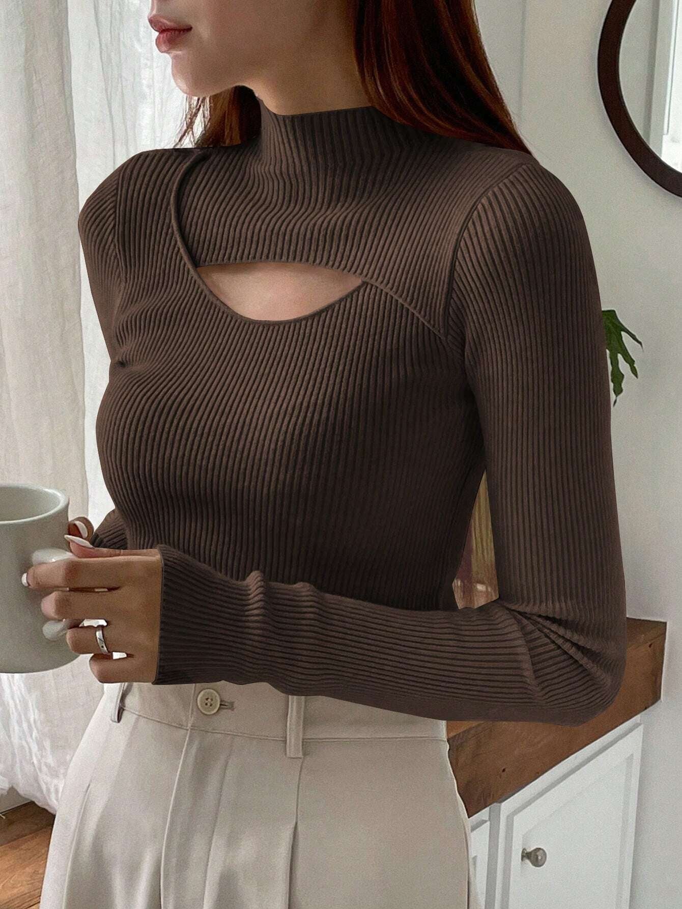 Stand Collar Long Sleeve Hollow Pullover Tops