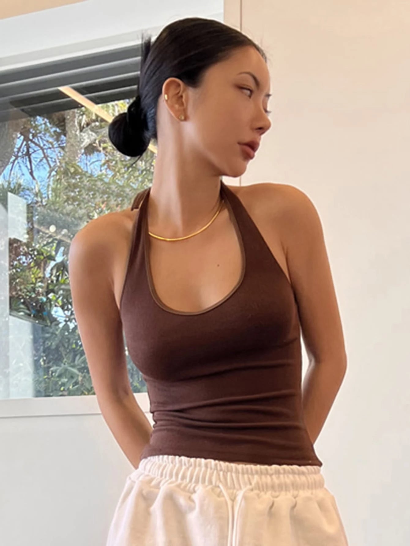 Solid Color Round Neck Halter Slim Fit Summer Top Tank Tops