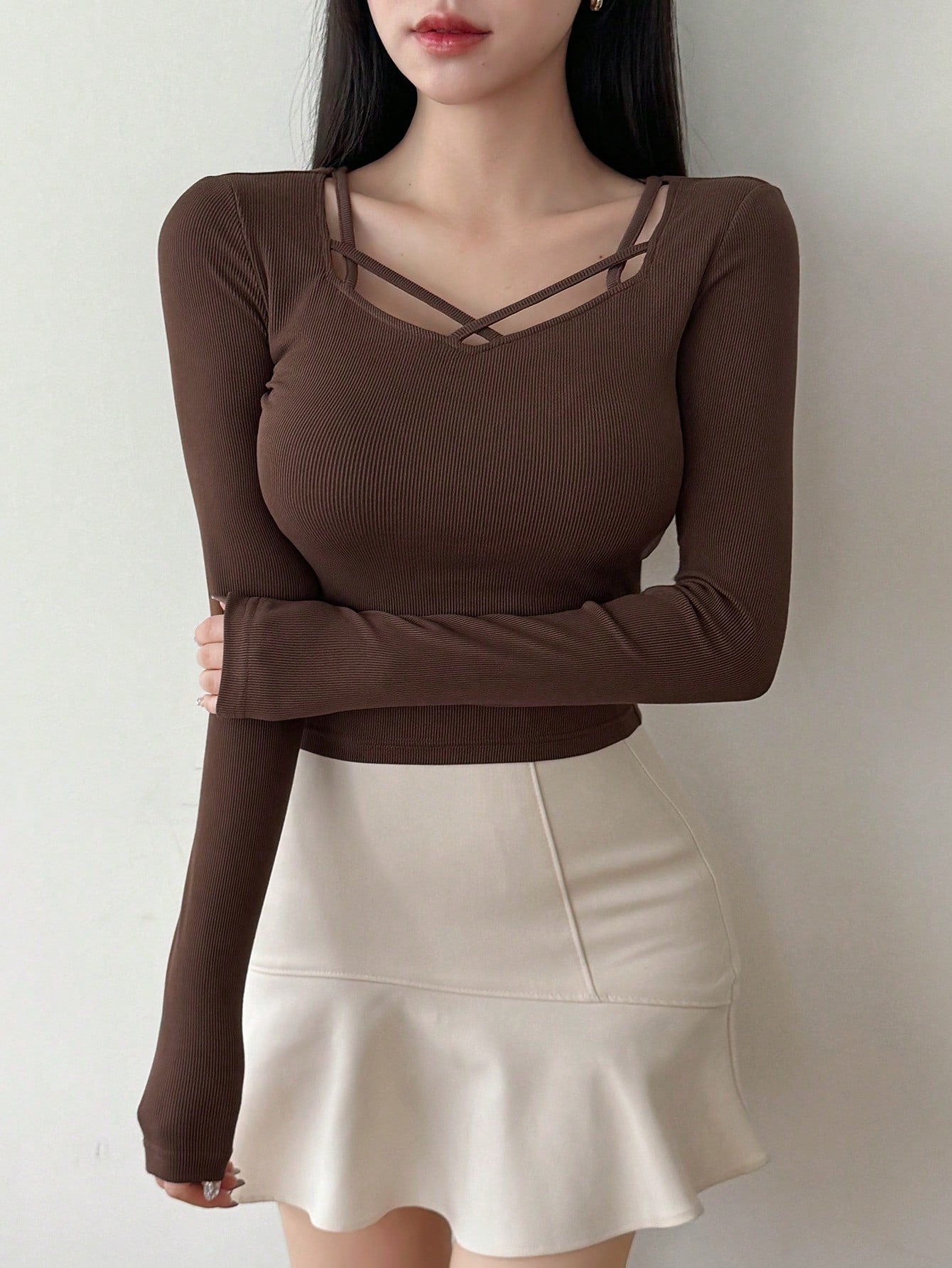 Hollow Out Design Ribbed T-Shirt