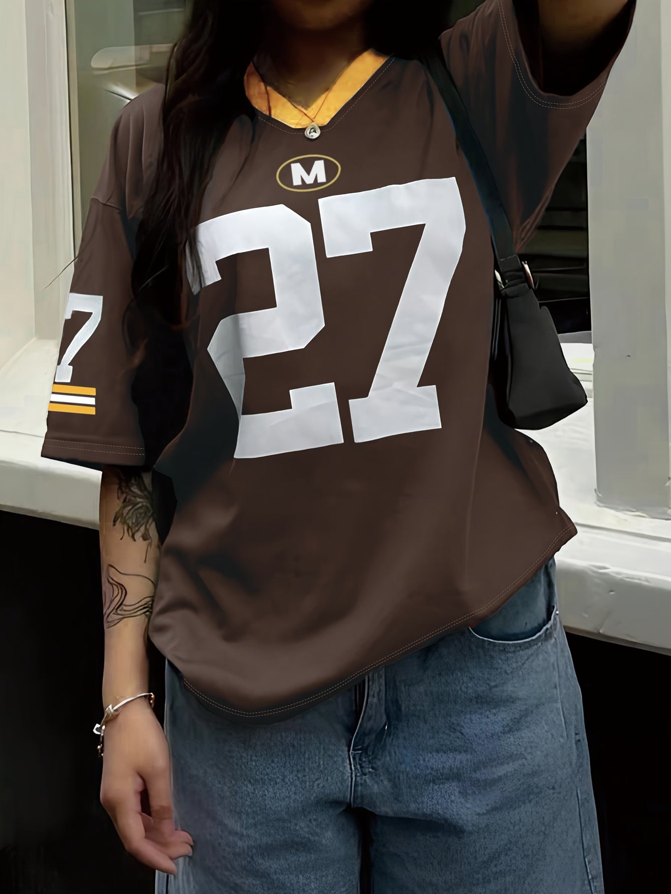 V-Neck Short Sleeve Casual Letter & Number Print Loose
