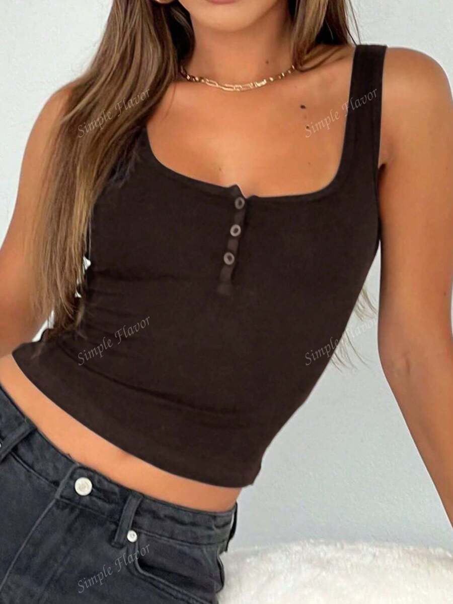 Solid Color Button Half Placket Tank Top