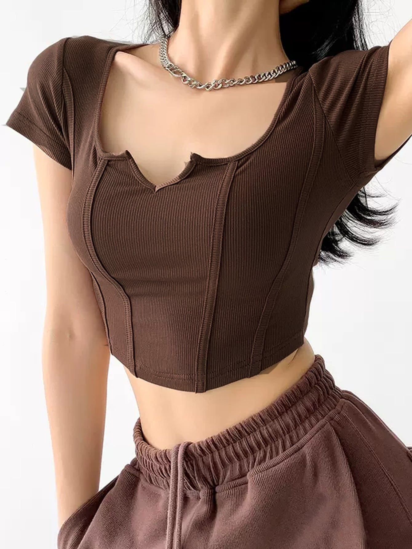 Notched Neckline Seam Detail Tee