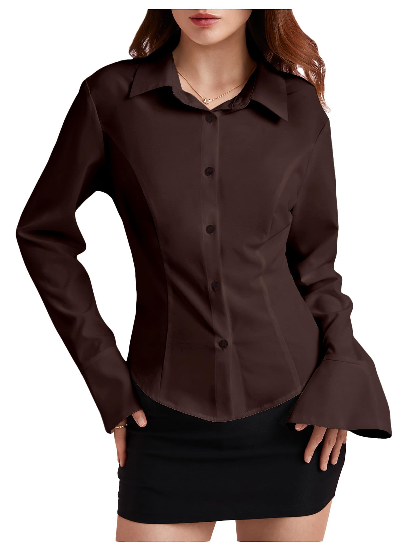 Women's Long Bell Sleeve Button Down Shirt Lace Up Back Princess Line Lapel Top