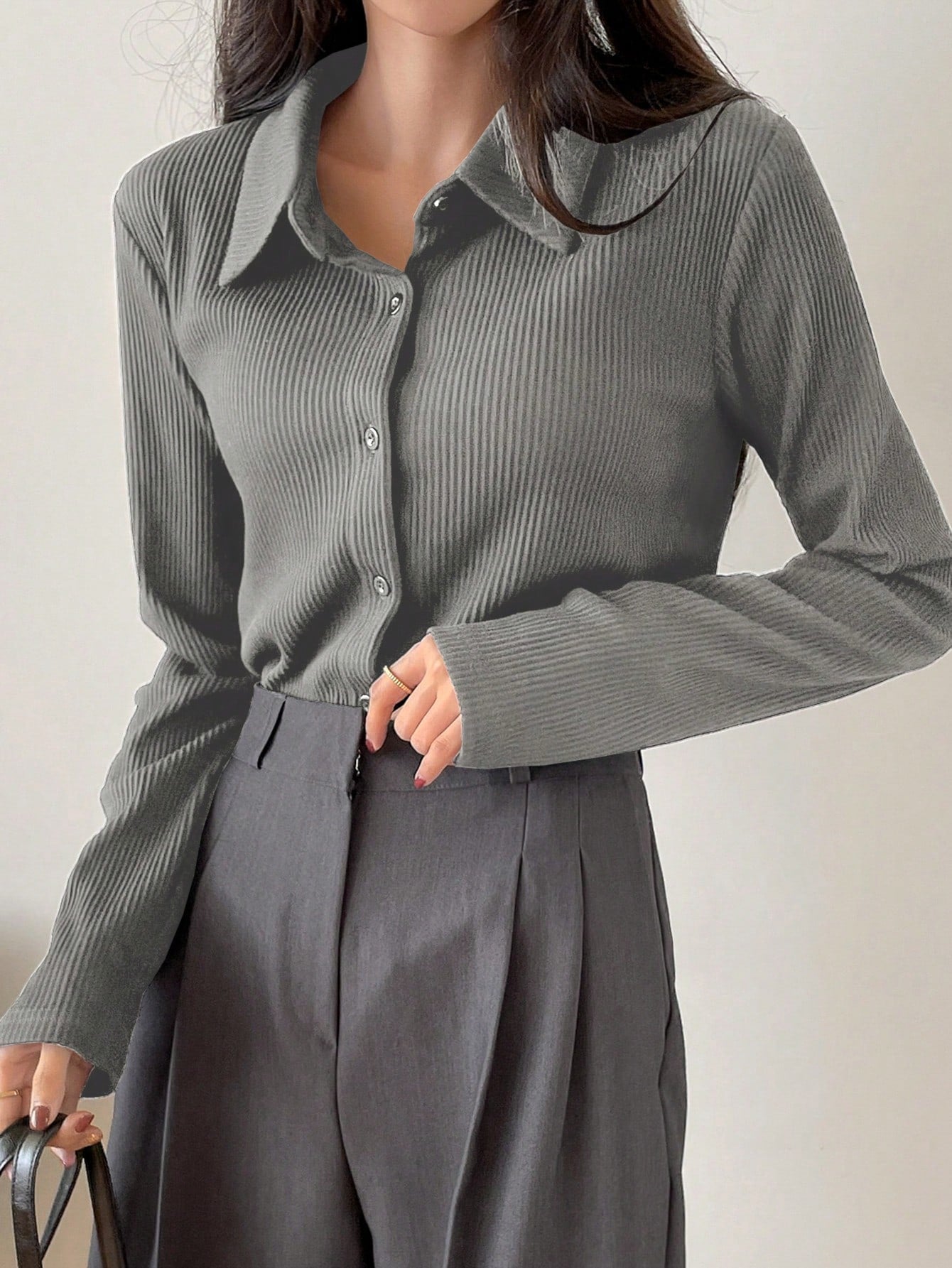 Ribbed Button-Up Shirt - Long Sleeve Collared Knit Blouse, Slim Fit Casual Top