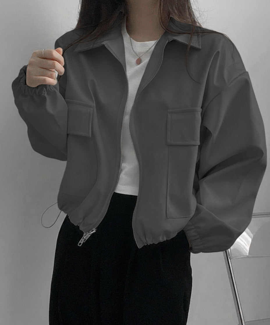 Casual Cropped Zip-Up Long-Sleeve Jacket in Solid Color