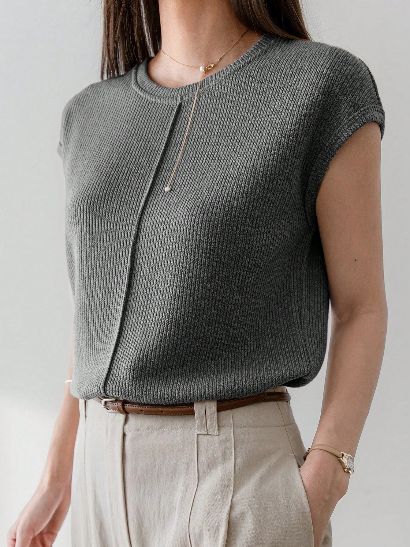 Loose Casual Knitted Solid Color Patchwork Short Sleeve Women T-Shirt