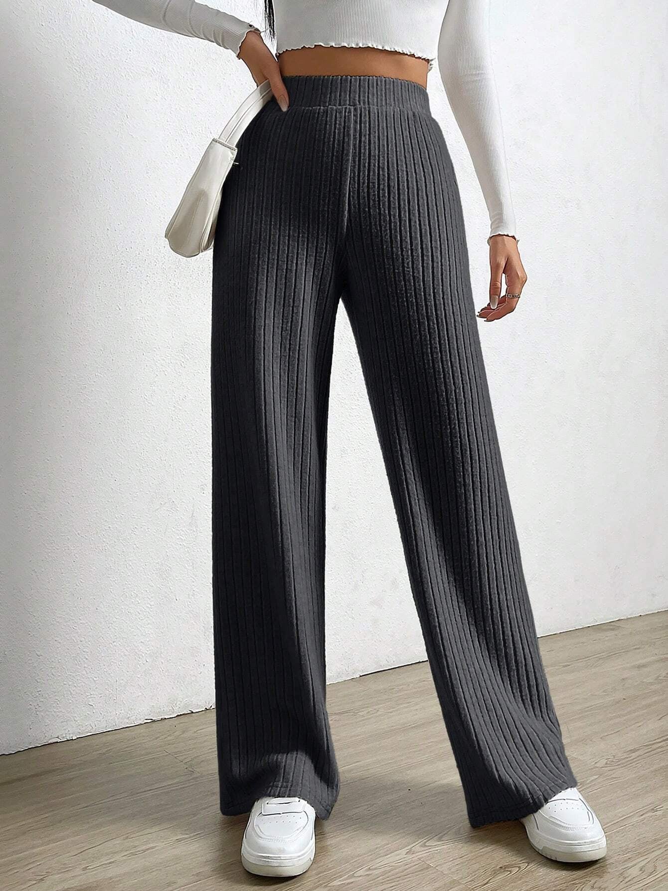 Solid Color High Waist Ribbed Straight Loose Casual Pants