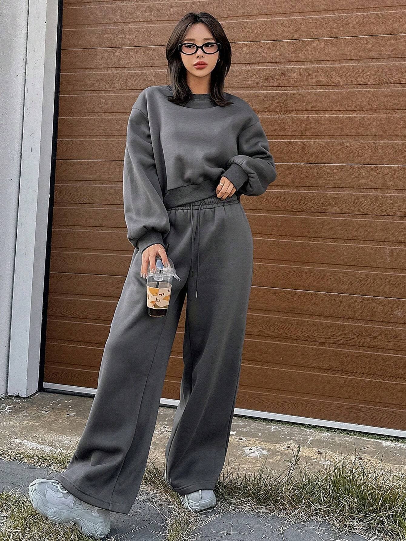 2pcs Women Solid Round Neck Hoodie And Wide Leg Pants Set, Fall Clothes
