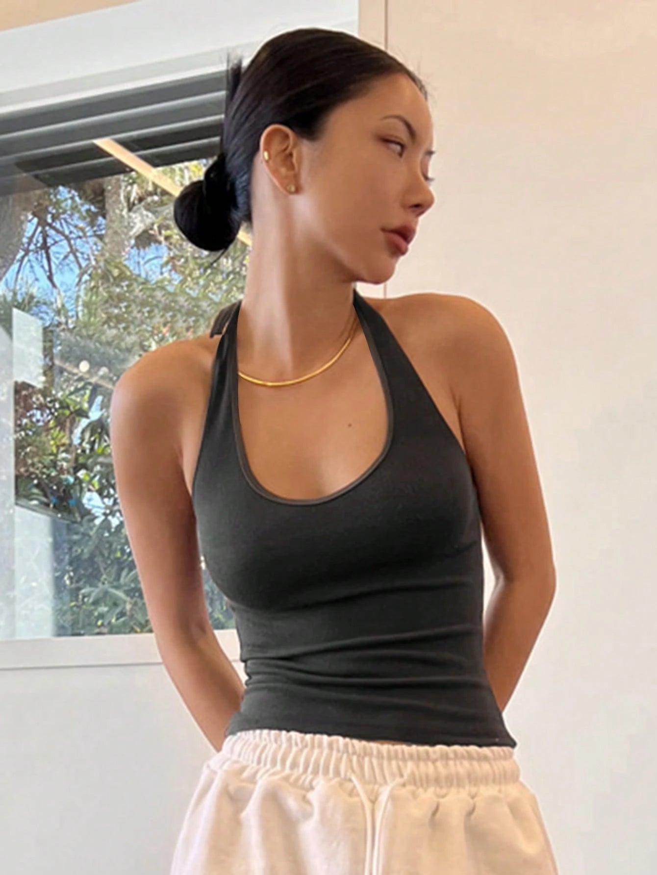 Solid Color Round Neck Halter Slim Fit Summer Top Tank Tops