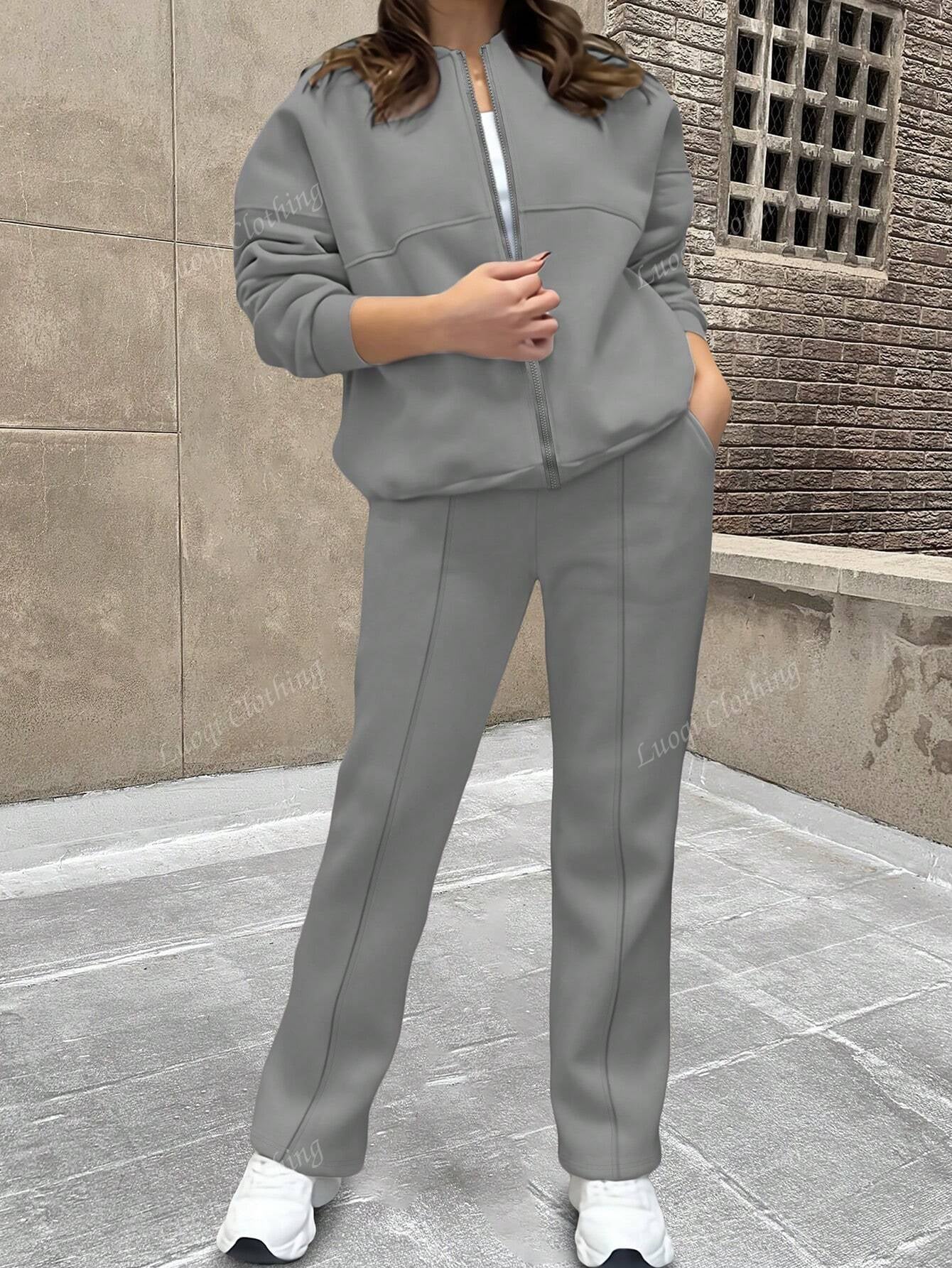 Solid Color Minimalist Hoodie Jacket Top And Straight Leg Pants, Fashion Outfit