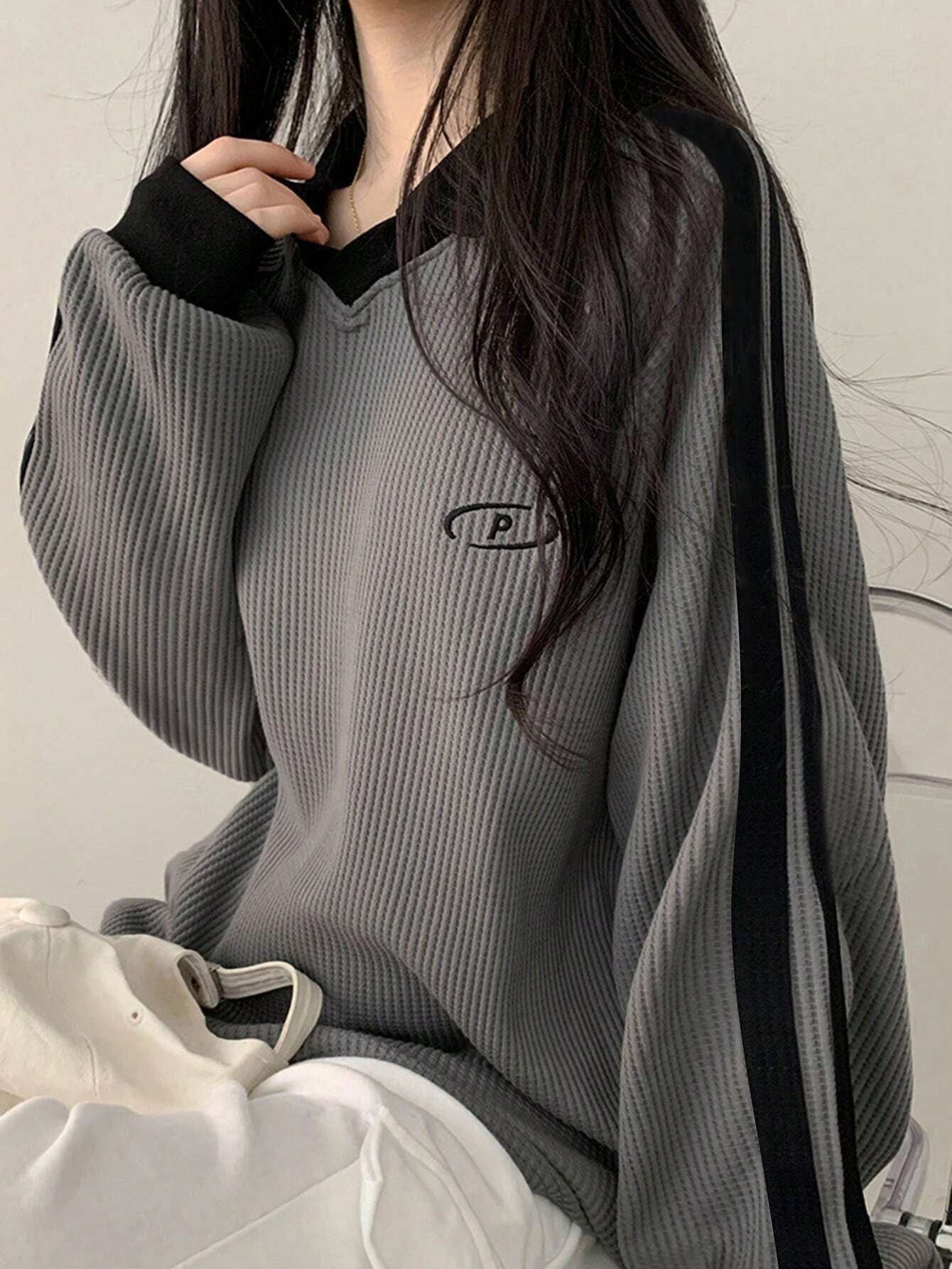 Contrast Color Block Striped Long Sleeve Casual Letter Print Sweatshirt, Collegiate Style, Long Sleeve Tops