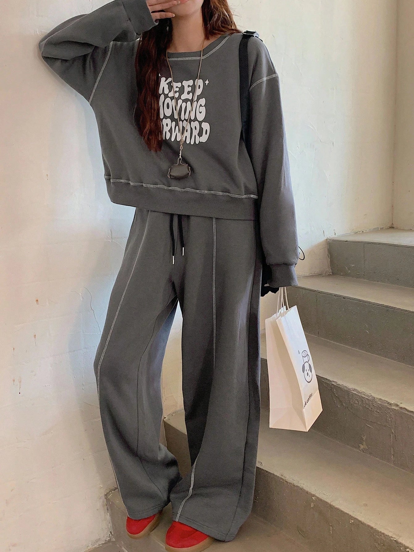 Casual Loose Long Sleeve Top And Drawstring Pants Set