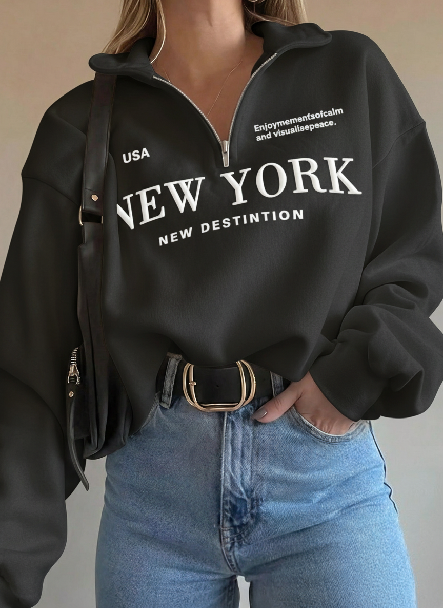 Half Zip Drop Shoulder "NEW YORK" Letter Print Oversized Sweatshirt, Long Sleeve (Copy)