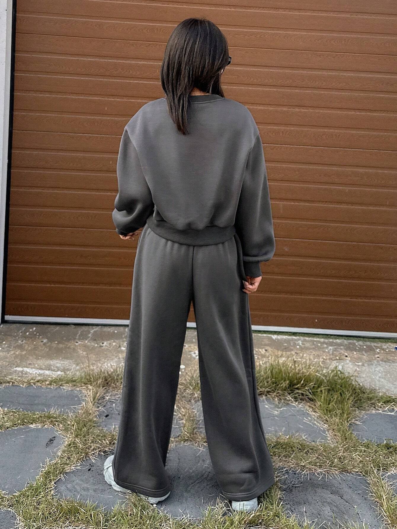 2pcs Women Solid Round Neck Hoodie And Wide Leg Pants Set, Fall Clothes