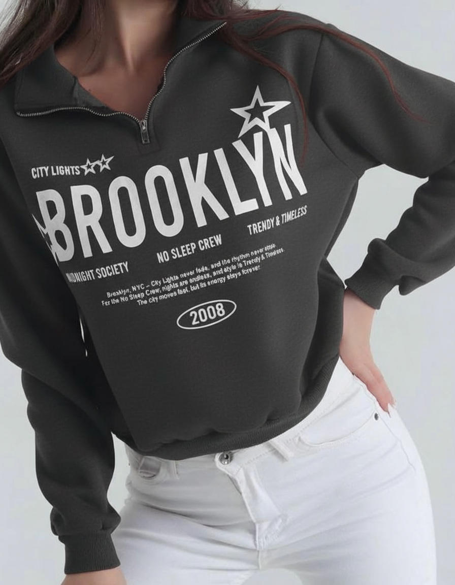 Half Zip Drop Shoulder "BROOKLYN" Letter Print Oversized Sweatshirt, Long Sleeve